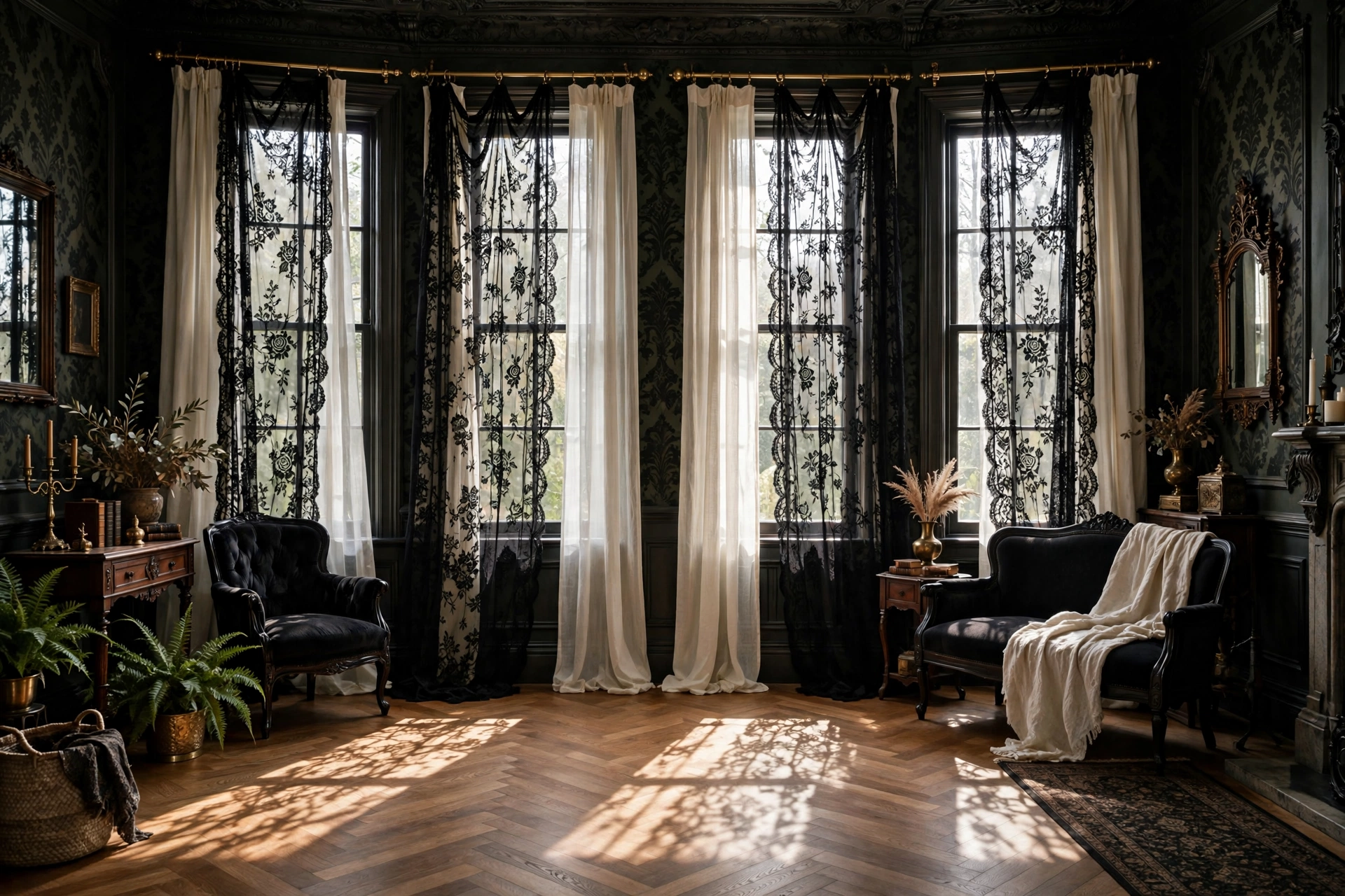 Black lace curtains filtering light in a living room with elegant Halloween decor