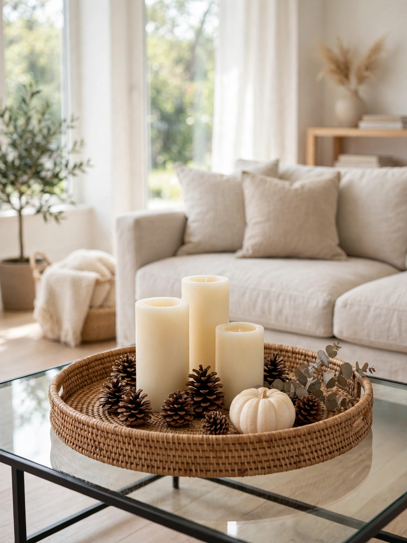 A large woven rattan tray holding candles, pinecones and a small pumpkin on a coffee table, an organizing anchor in these fall coffee table decor ideas for autumn 2026.