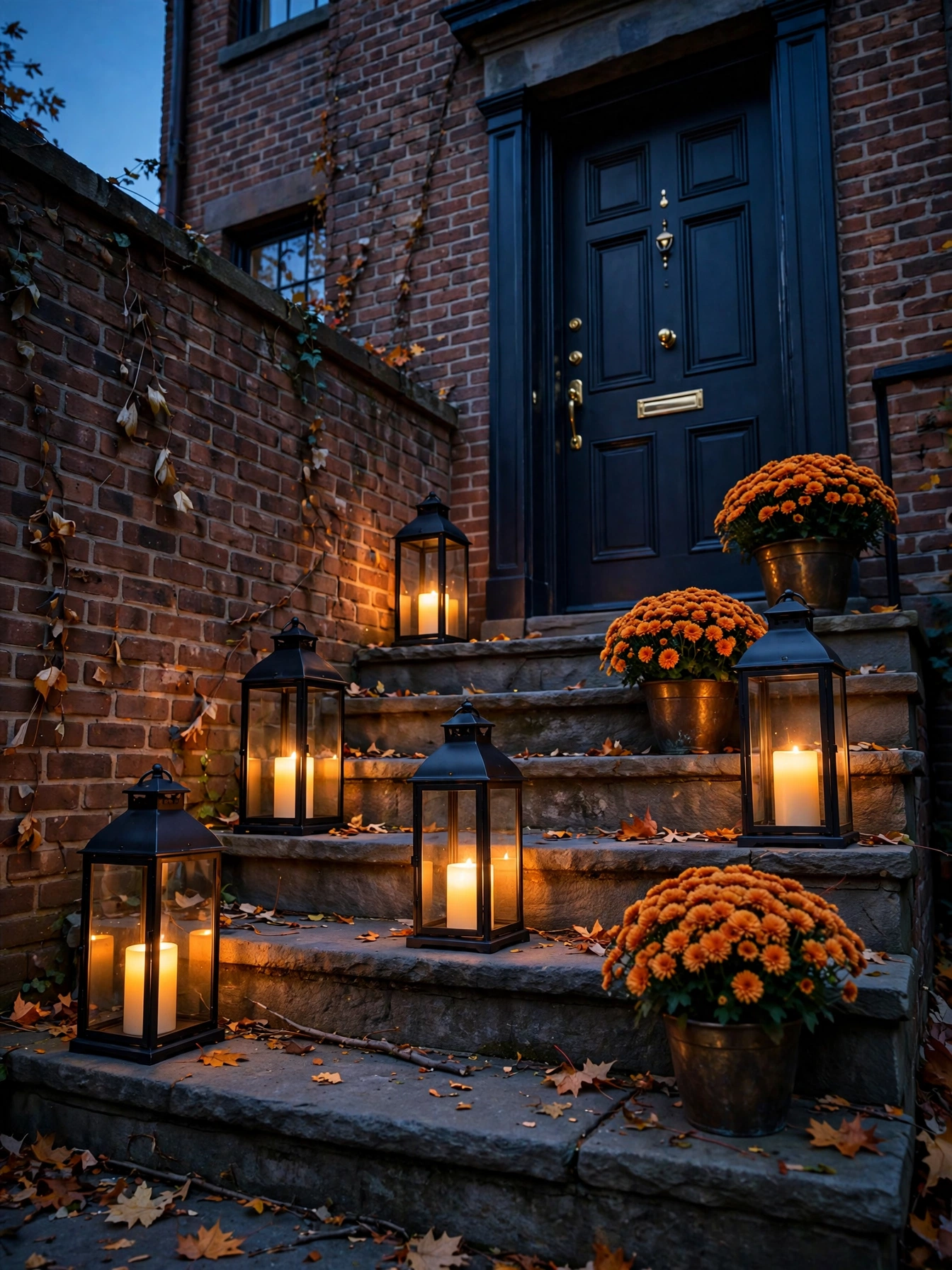 Black metal lanterns with glowing LED candles staggered along stone porch steps at dusk, one of the warmest fall front door decor ideas for autumn 2026.