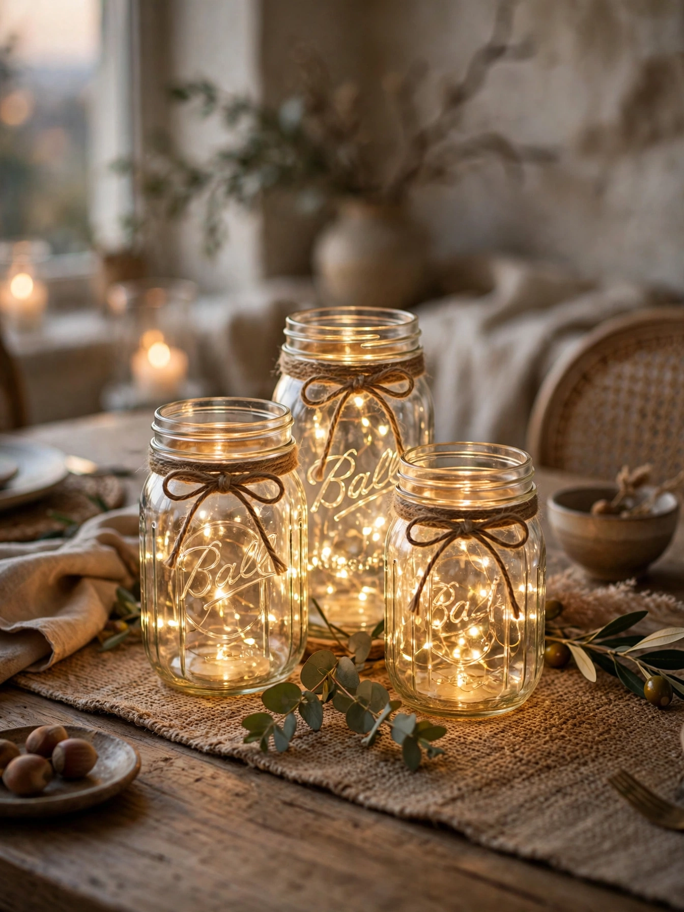 Three mason jar lanterns with warm fairy lights and twine bows grouped on a wooden table runner.