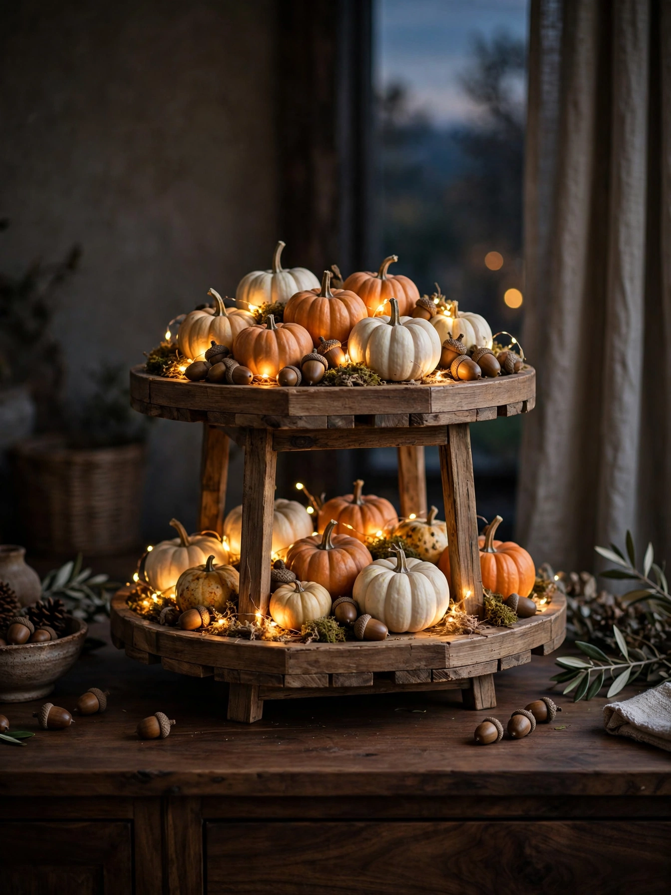 Two-tier wooden stand with mini pumpkins, acorns and glowing fairy lights, featured among the fall tray decor ideas for autumn 2026 here.