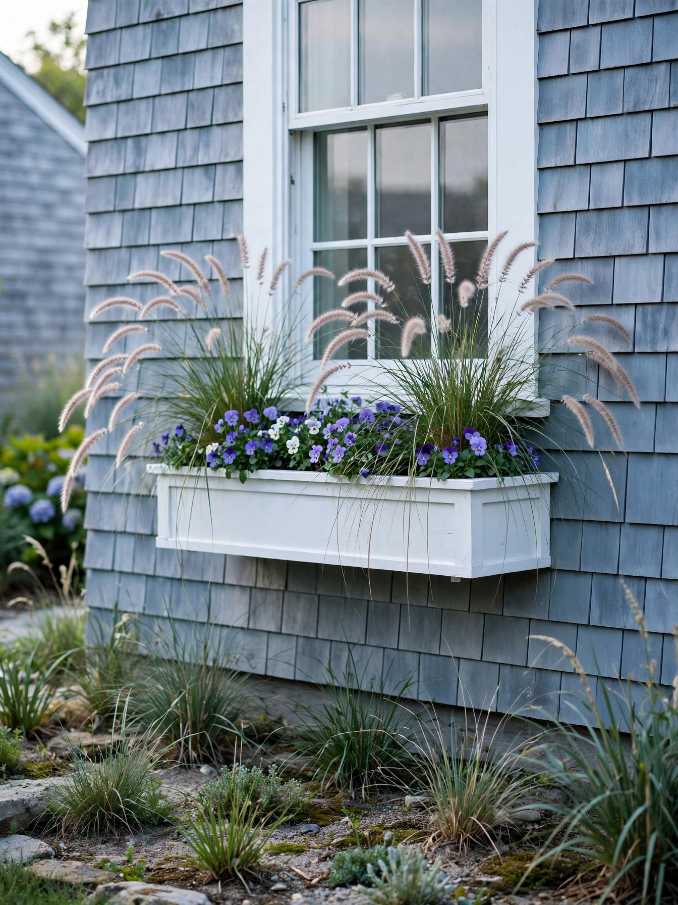 A white window box of arching fountain grass plumes underplanted with purple pansies, one of the breeziest fall window boxes for autumn 2026 ideas.
