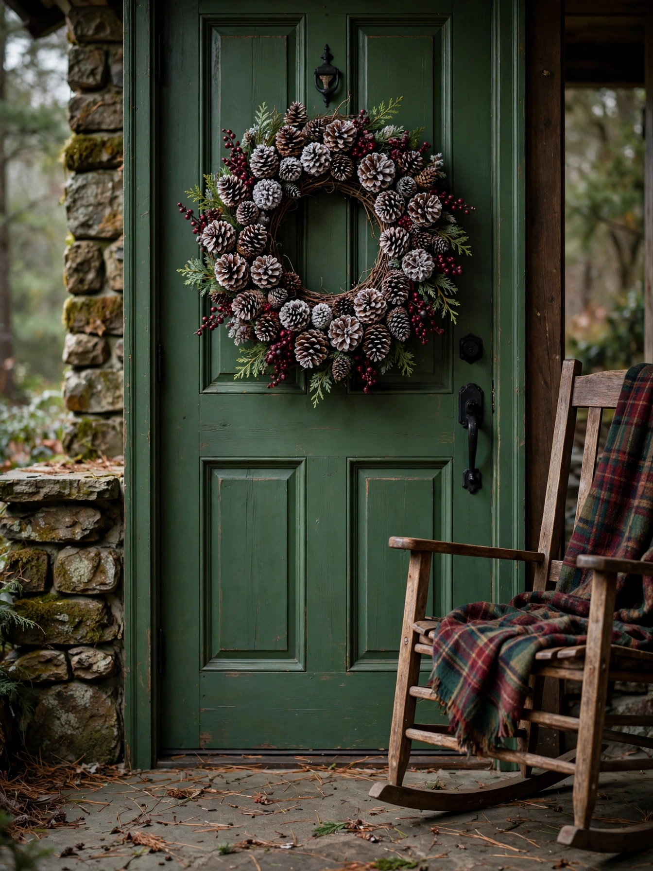 Mixed pinecones with frosted tips, burgundy berries and cedar on grapevine, a woodland-style pick from these fall wreath ideas for autumn 2026, on a forest green door.