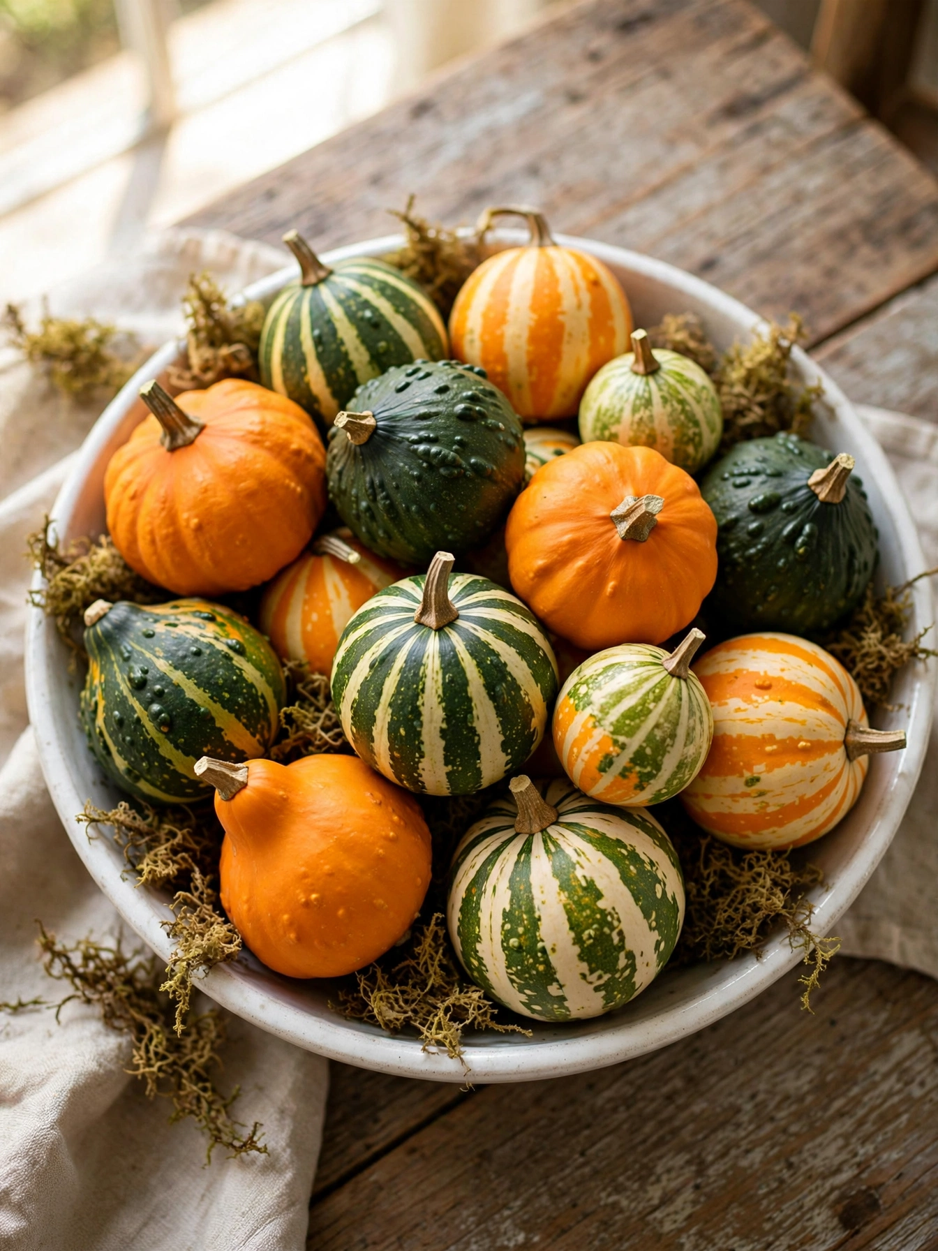 A white ceramic bowl mounded with colorful mini gourds on a farmhouse dining table, a renter-friendly pick from these simple fall decor ideas for autumn 2026.