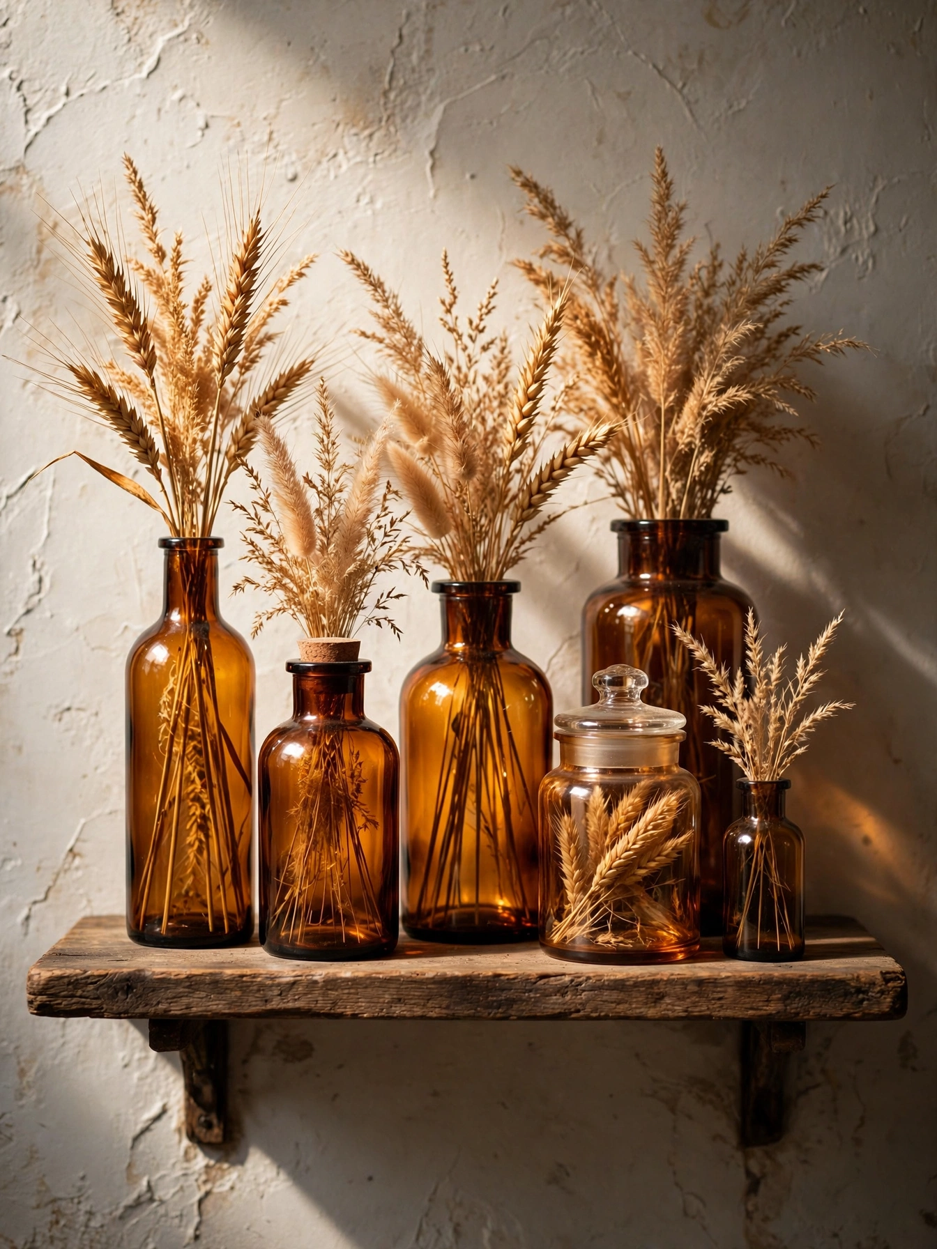 Amber glass medicine bottles with dried grasses on a rustic shelf, one of the vintage fall decor ideas for autumn 2026.