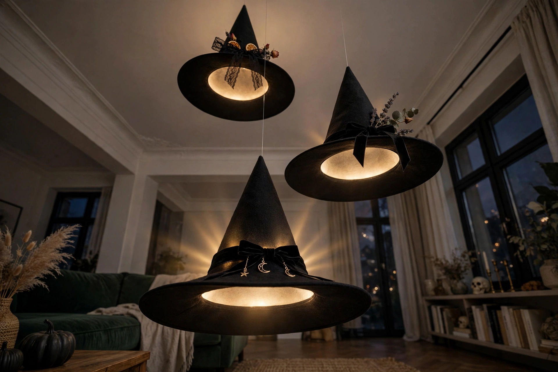 Black witch hats suspended at varying heights from a living room ceiling with invisible fishing line, each hat glowing softly from an LED light inside