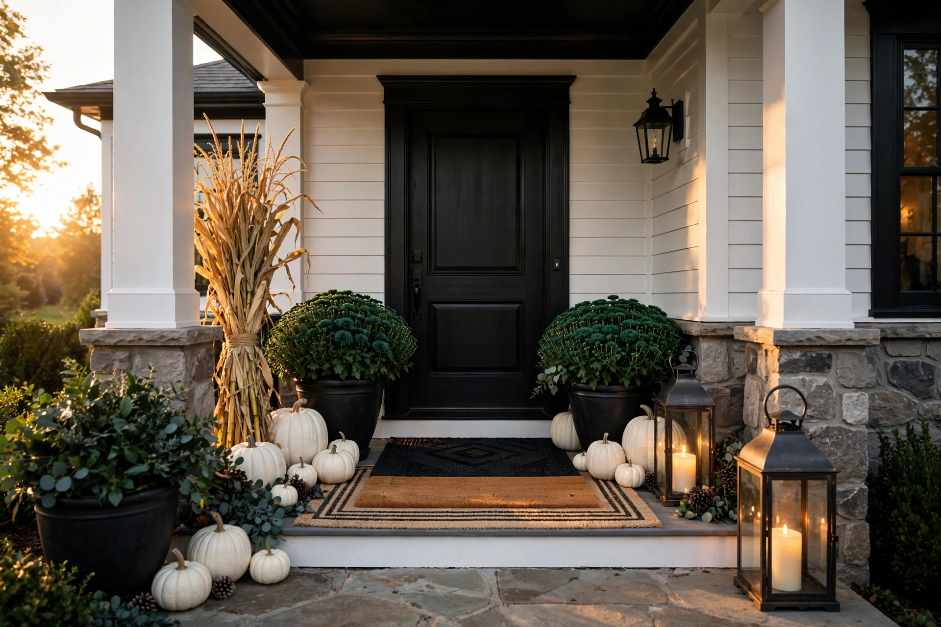 Front porch styled with pumpkins and lanterns, elegant Halloween porch decor 2026
