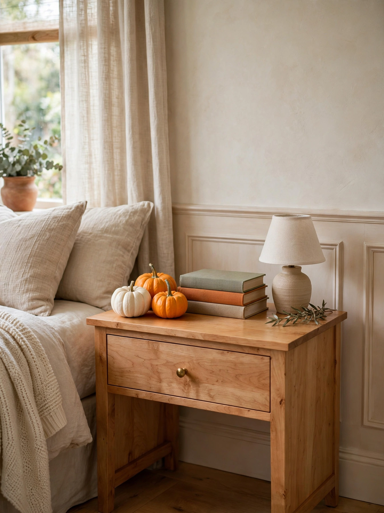 Small white and orange pumpkins grouped on a maple nightstand beside a stack of books and a ceramic lamp.