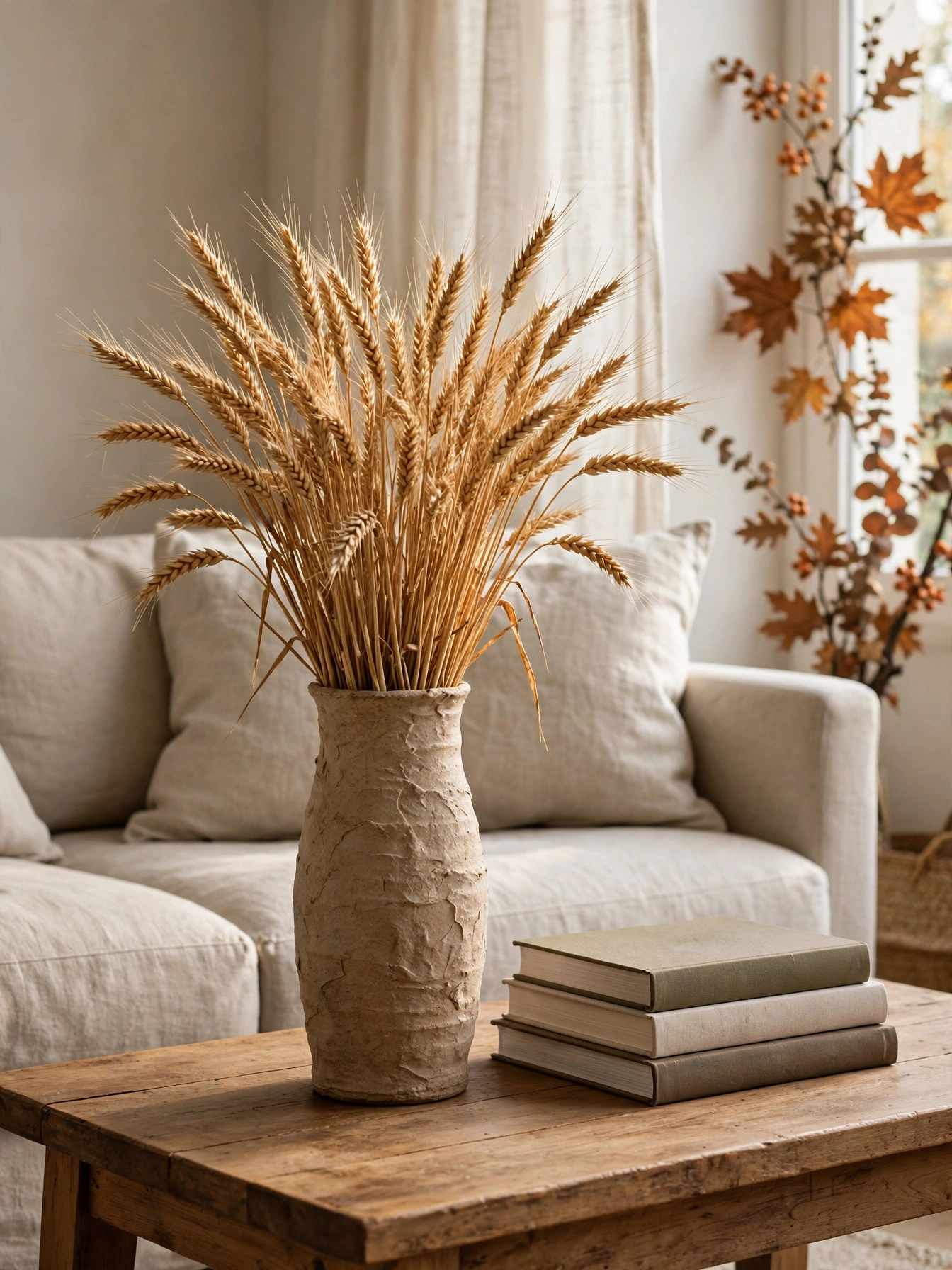 A ceramic vase filled with tall dried wheat stalks on a coffee table beside stacked books, a golden vertical accent in these fall coffee table decor ideas for autumn 2026.