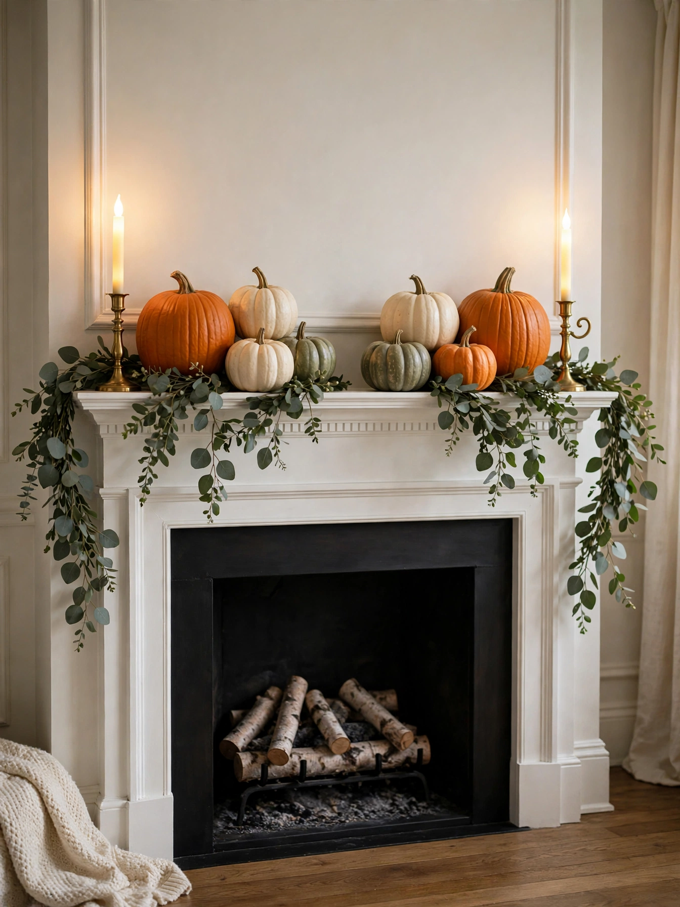 A white fireplace mantel styled with varied pumpkins, eucalyptus garland and brass candlesticks, a classic fall living room decor ideas for autumn 2026.