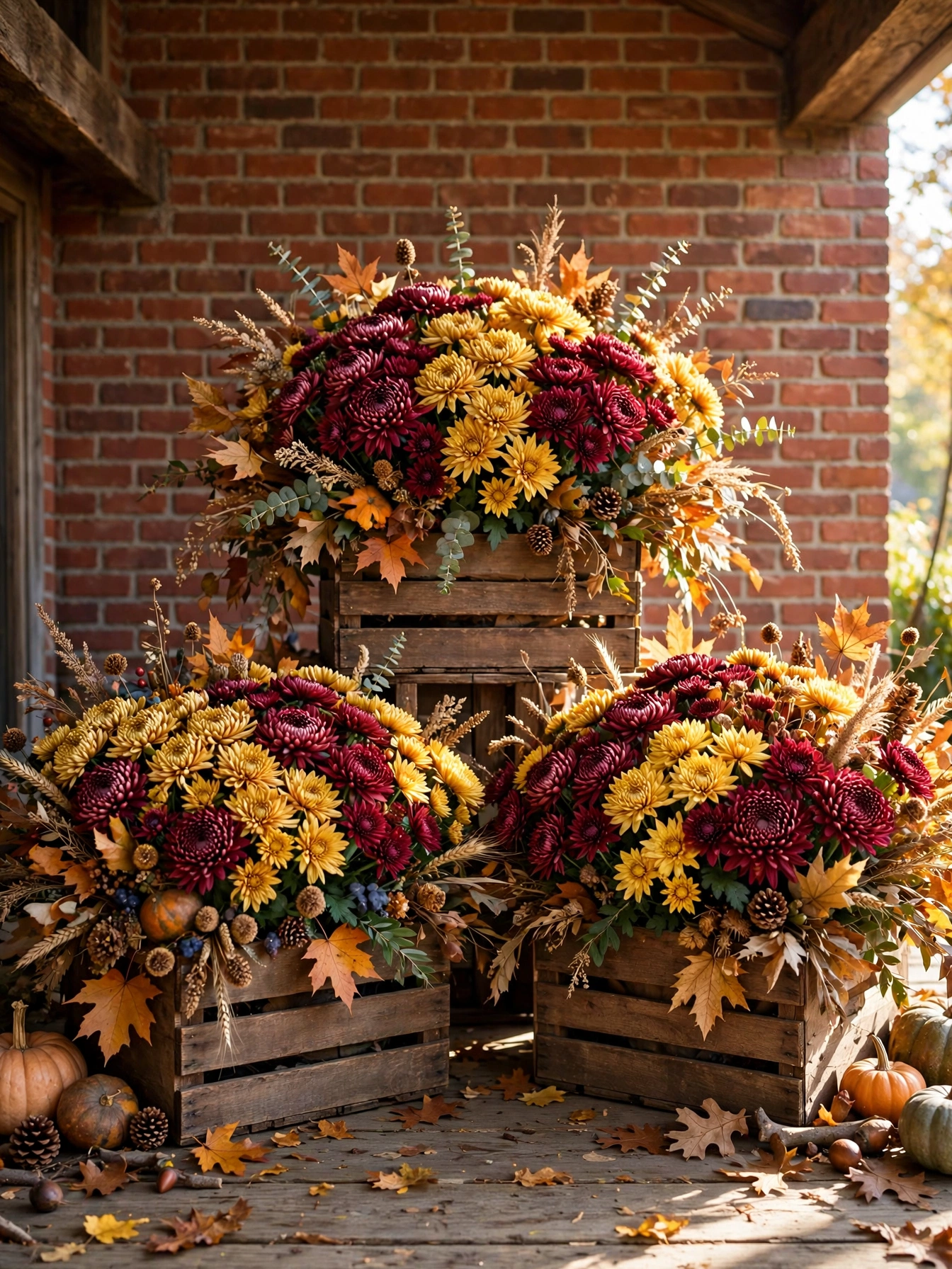 Rustic wooden crates overflowing with burgundy and gold chrysanthemums beside a front door, a colorful entry in these fall outdoor decor ideas for autumn 2026.