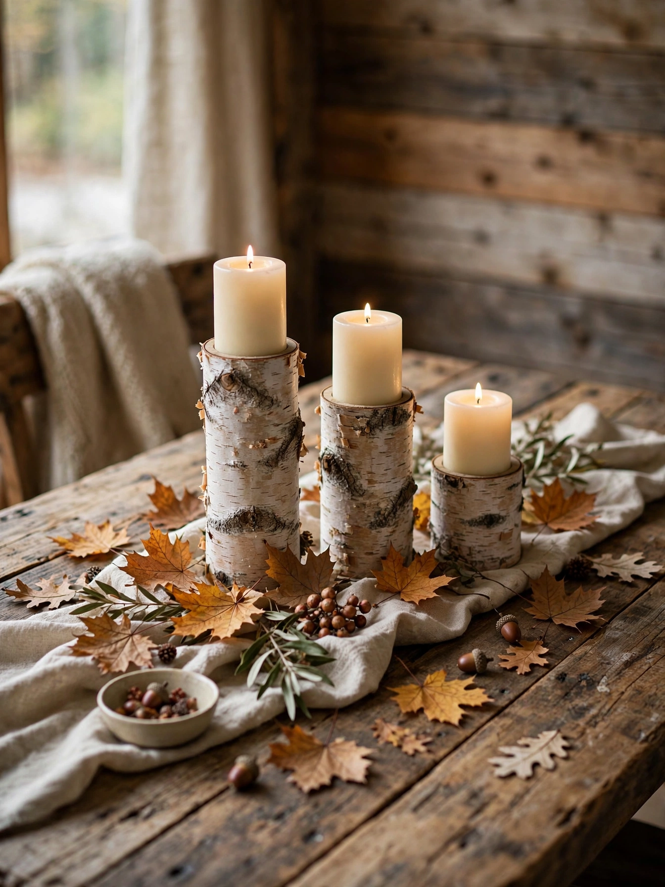 Birch bark wrapped candle holders with cream pillar candles on a reclaimed wood table with fall leaves.