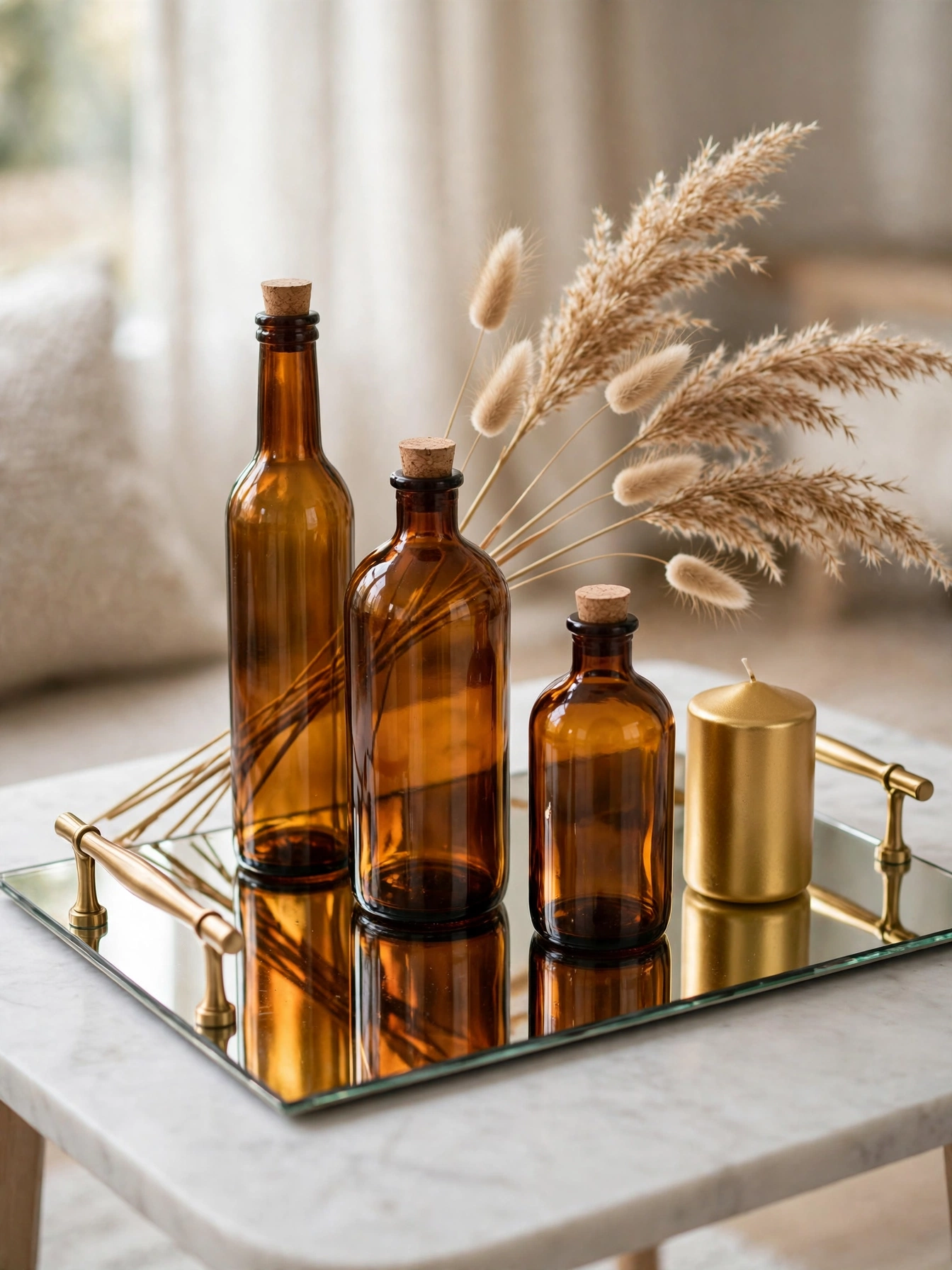 Mirrored tray with brass handles holding amber glass bottles and pampas grass, a pick from these fall tray decor ideas for autumn 2026.