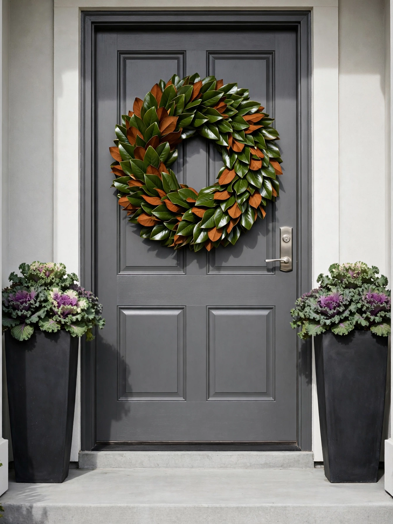 Two-tone preserved magnolia leaves layered densely in a circle, a refined choice among fall wreath ideas for autumn 2026, on a charcoal gray door.