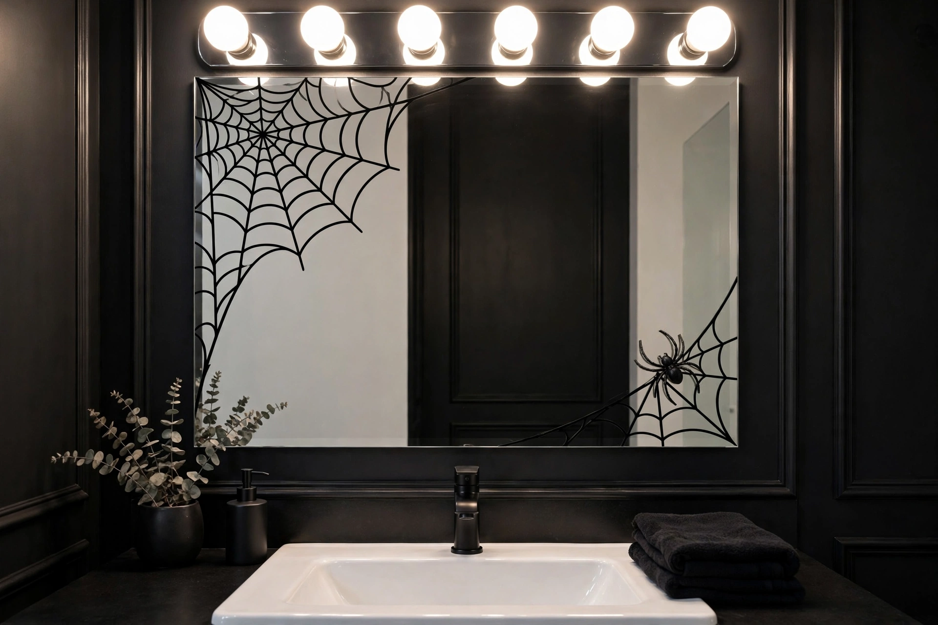 Spiderweb vanity mirror in a Halloween bathroom