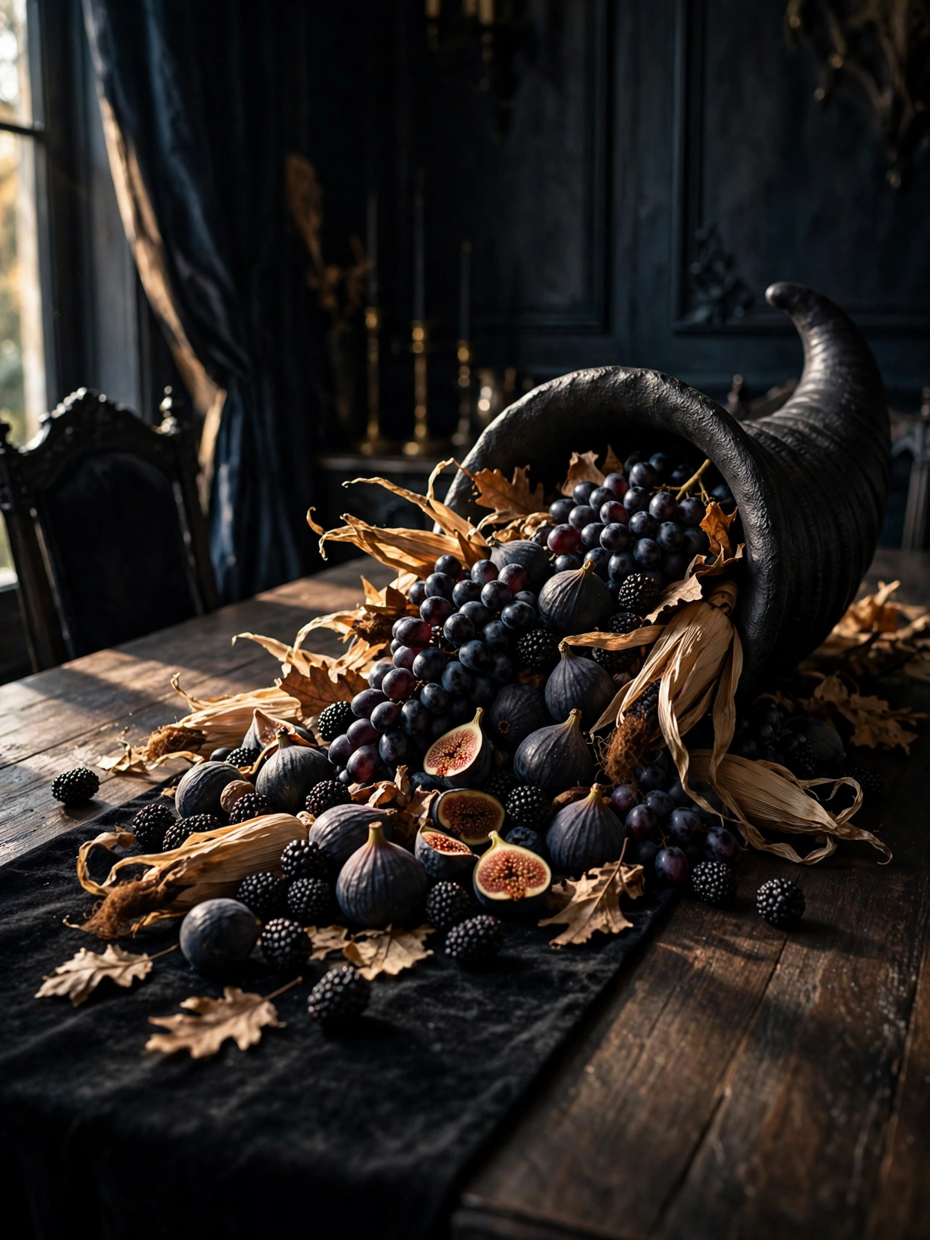 A matte black cornucopia horn overflowing with dark grapes, black figs, blackberries, and dried corn husks on a dining table
