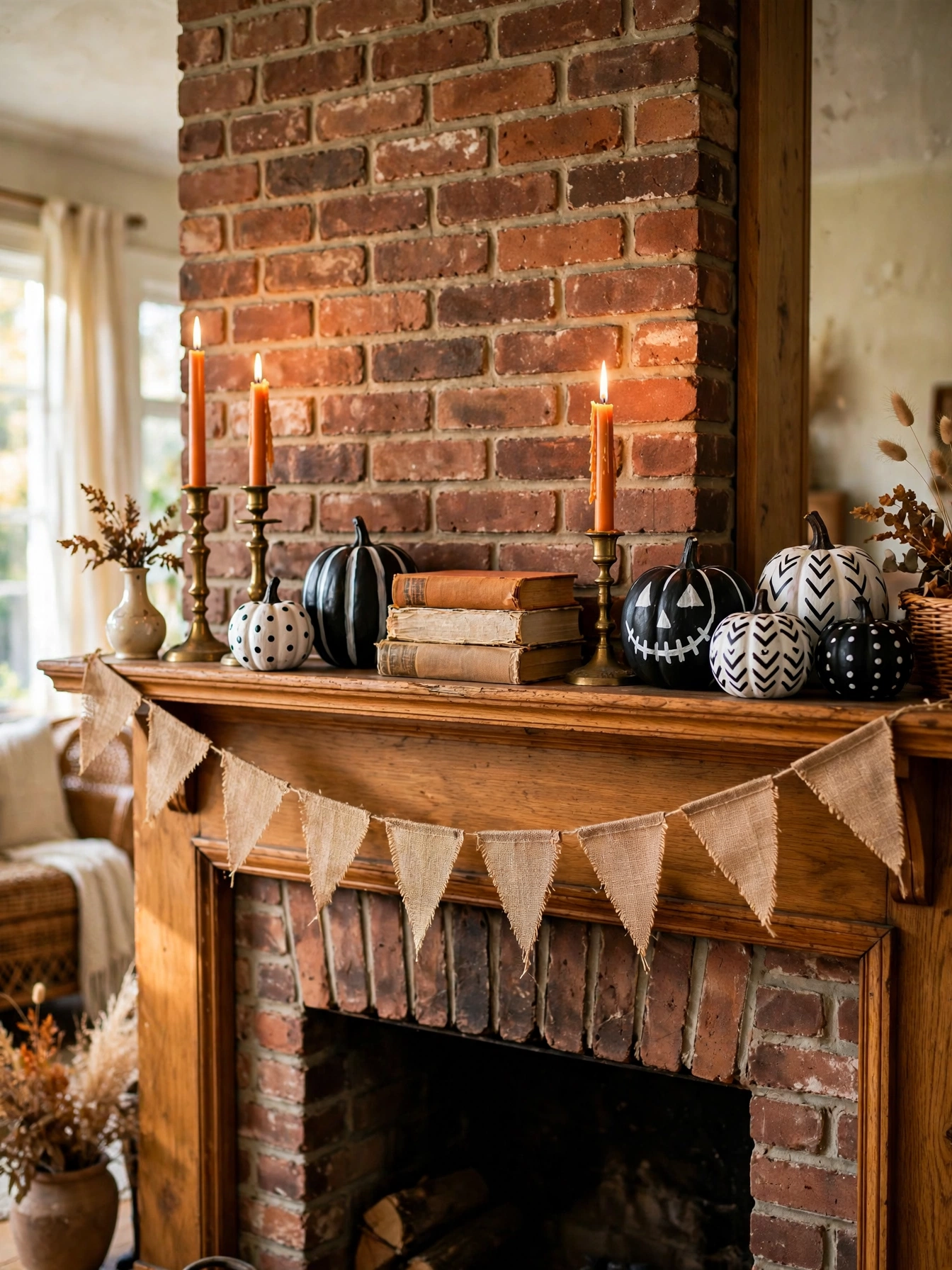 Budget Halloween fireplace decor ideas 2026 with thrifted candlesticks and burlap garland