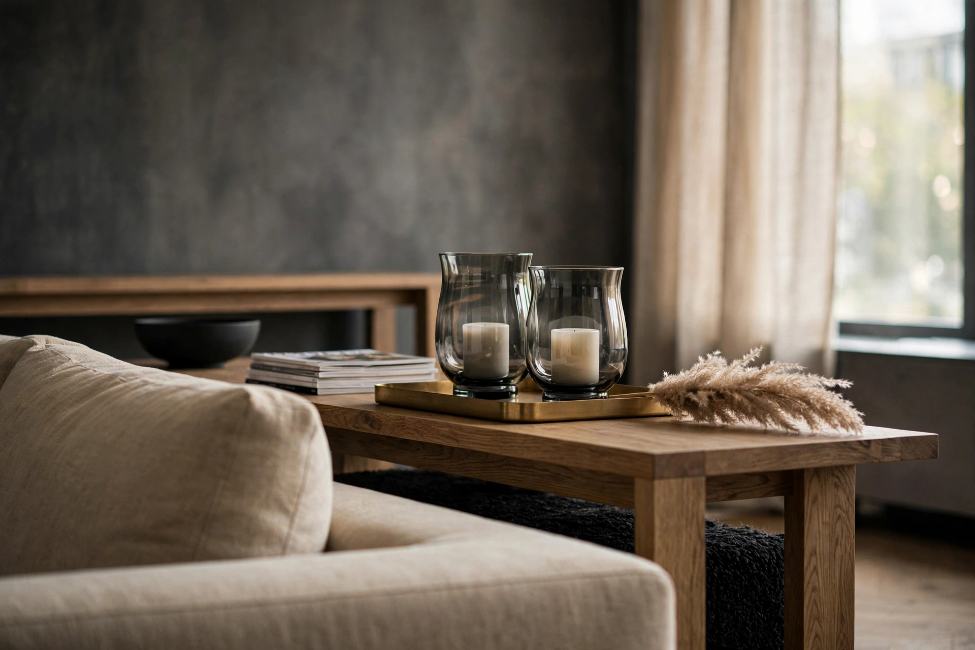 Two smoky gray glass hurricane candle holders on a living room console table behind a sofa