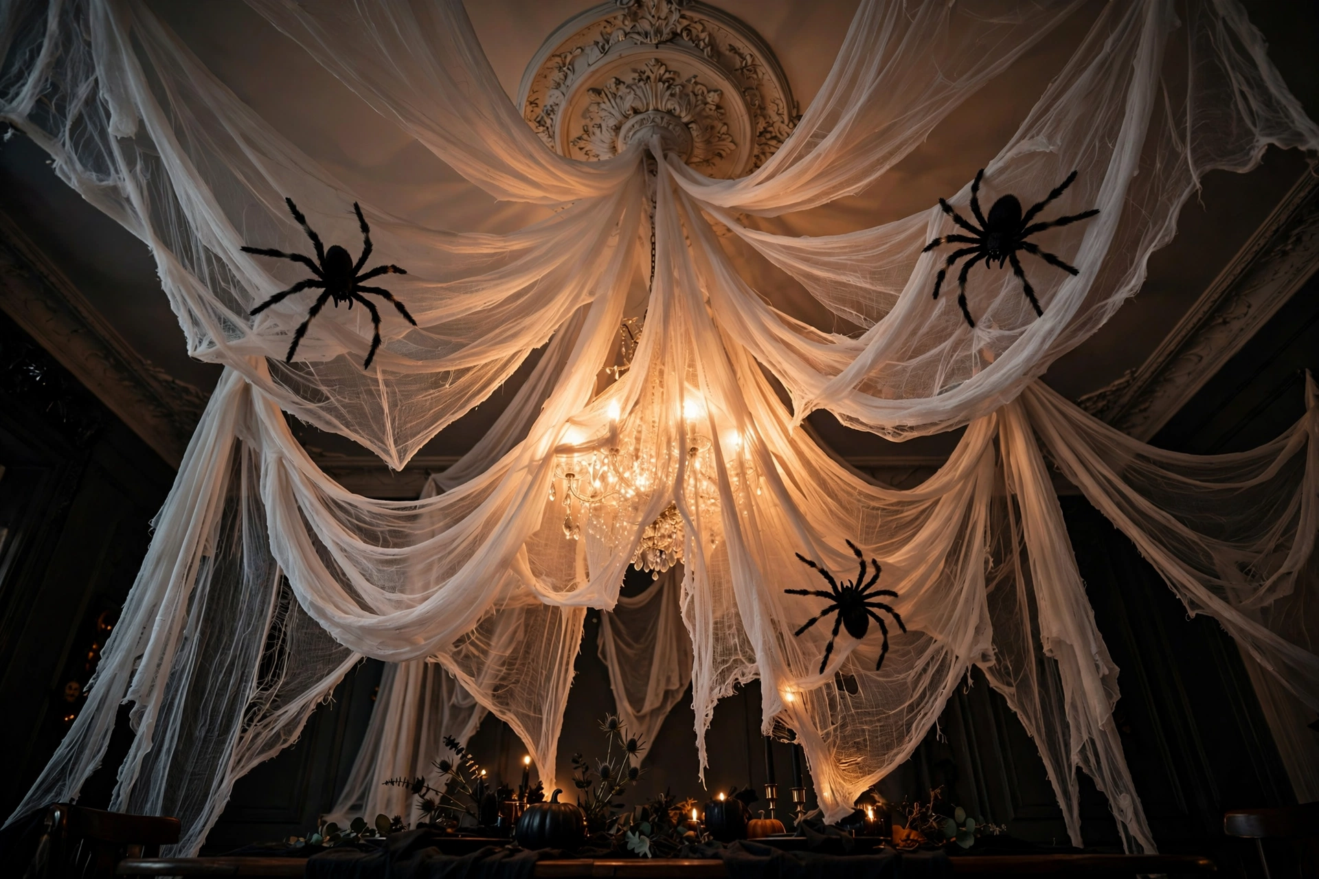 Spiderweb ceiling drapes for a Halloween party