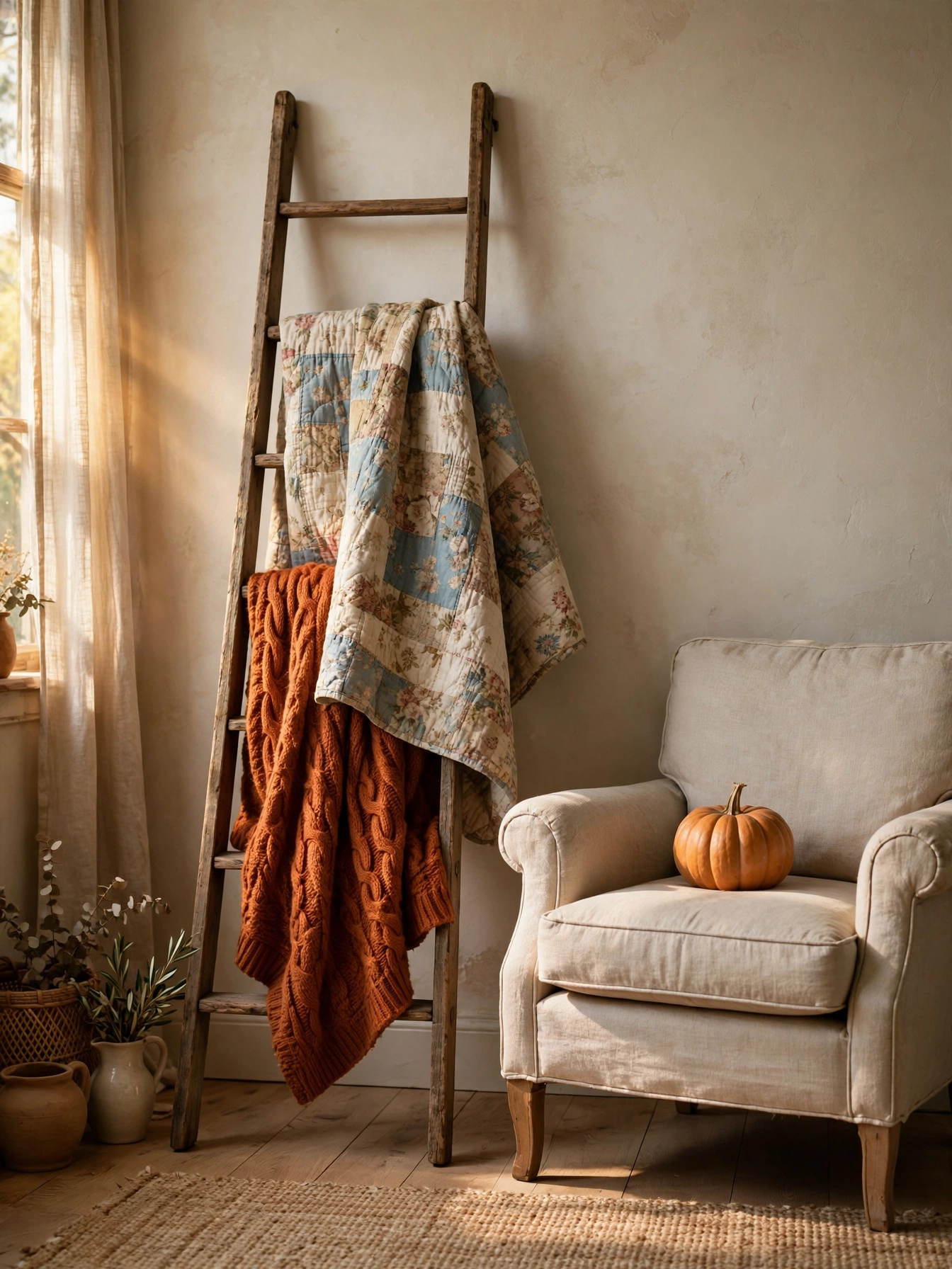 A wooden ladder draped with a faded patchwork quilt and knit throw, one of the vintage fall decor ideas for autumn 2026.