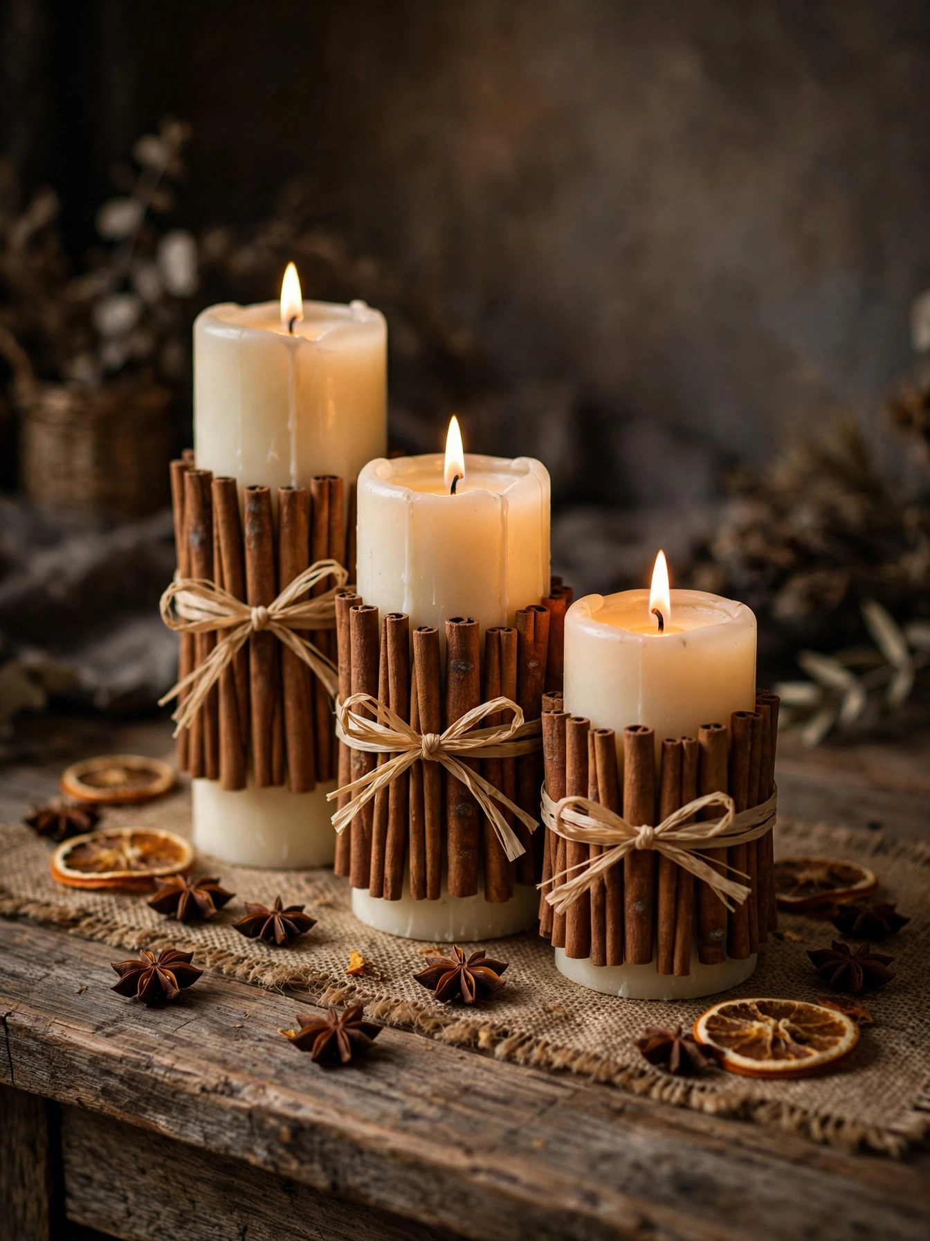 Ivory pillar candles wrapped with cinnamon stick bundles on a reclaimed wood table, a fragrant diy fall decor ideas for autumn 2026.