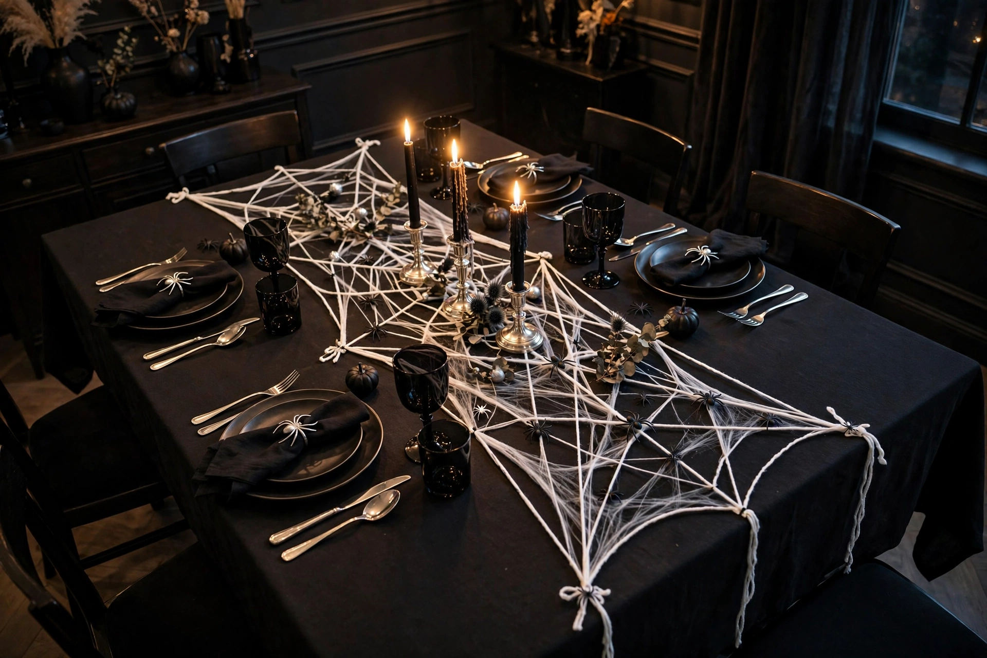 A dining table with a handmade spiderweb table runner made from white yarn stretched across a black tablecloth, with small plastic spiders placed at i