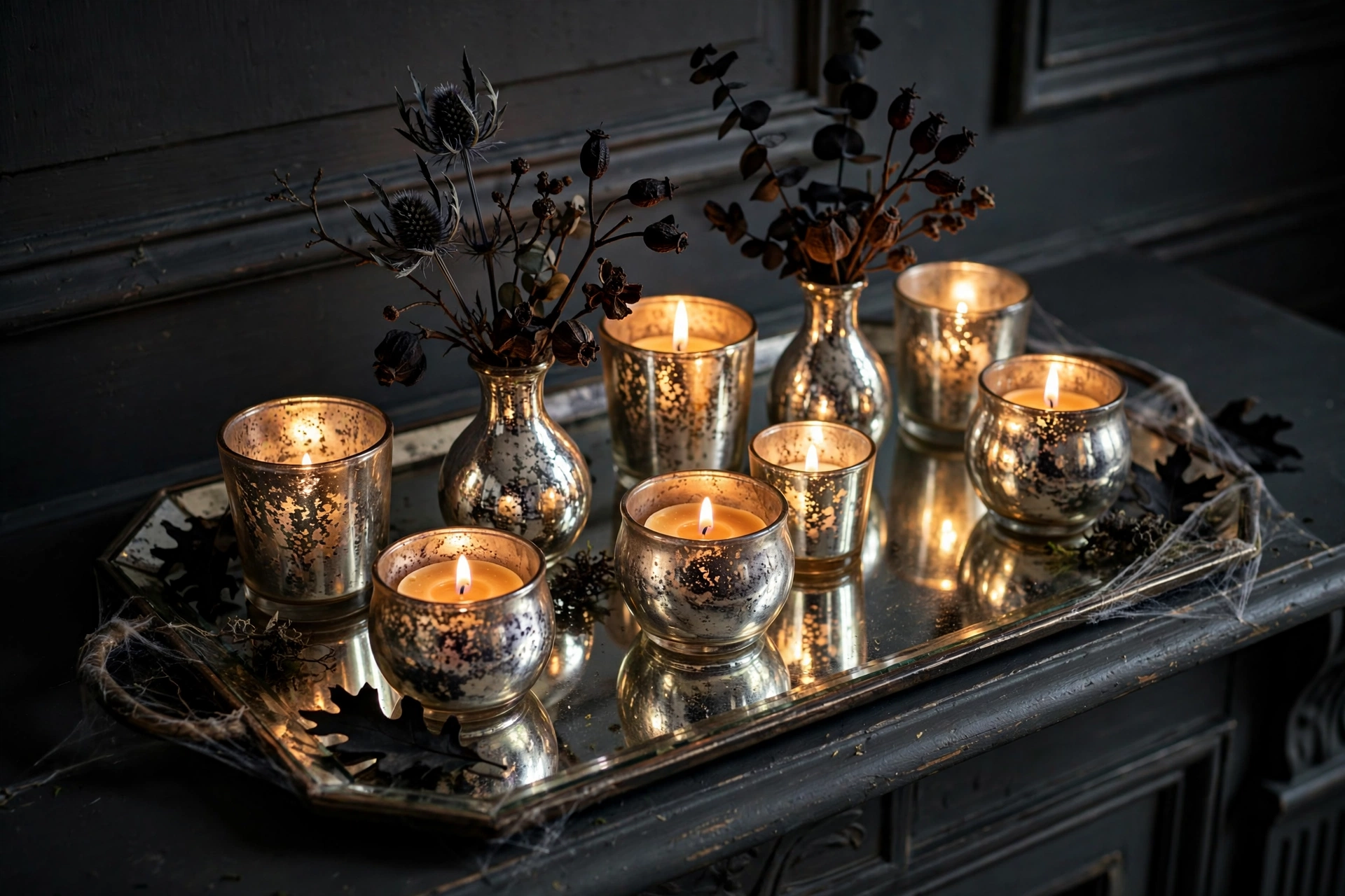Mercury glass candle holders glowing warmly as elegant Halloween decor 2026