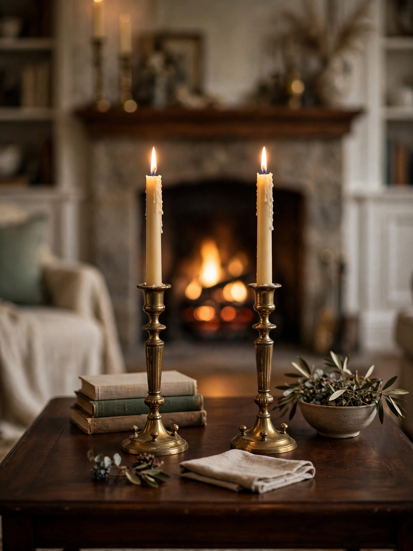 A pair of vintage brass candlesticks with cream tapers on a coffee table, an elegant traditional touch in these fall coffee table decor ideas for autumn 2026.