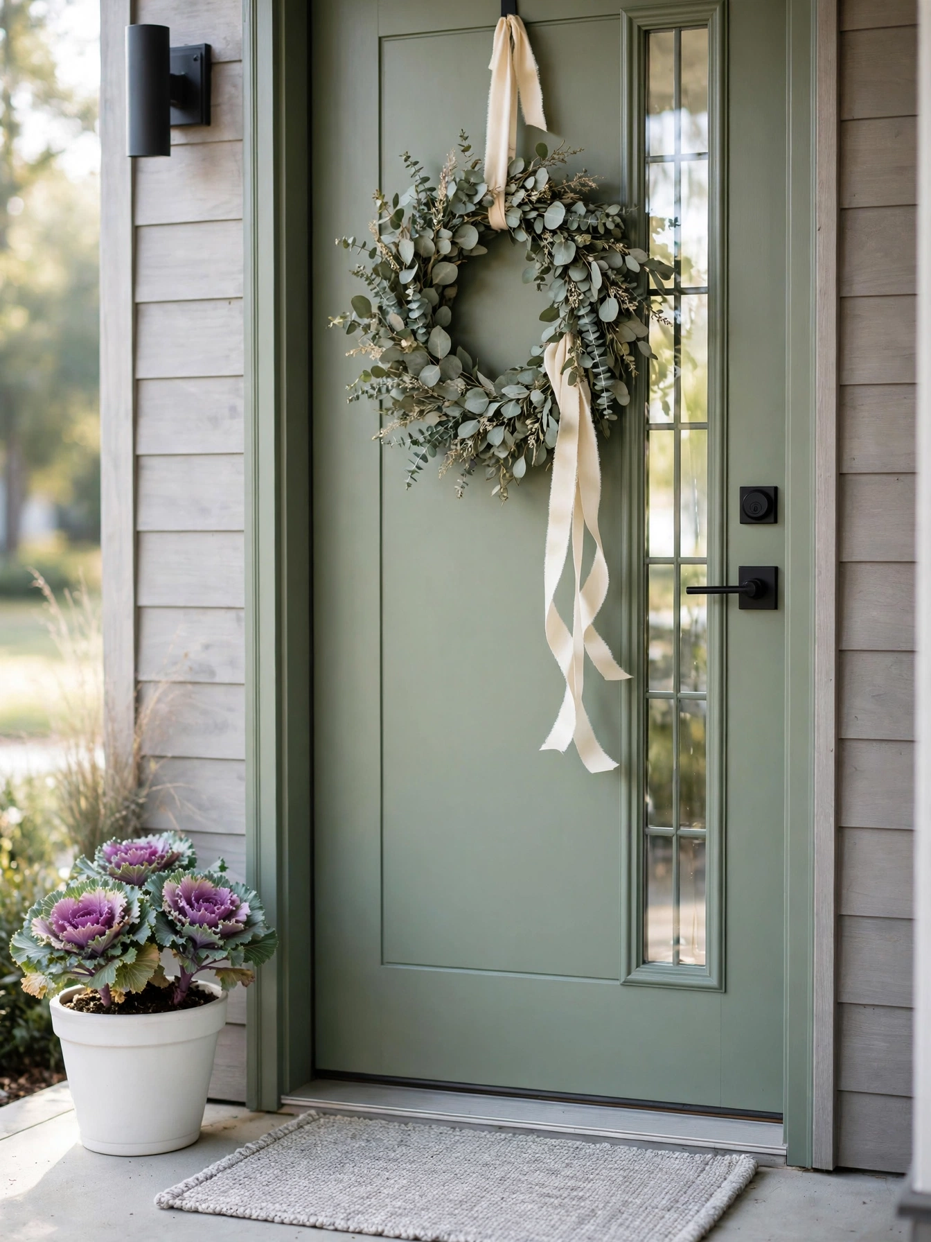 A preserved eucalyptus ring wreath with cream ribbon on a sage-green door, a fresh botanical take in these fall door hangers ideas for autumn 2026.