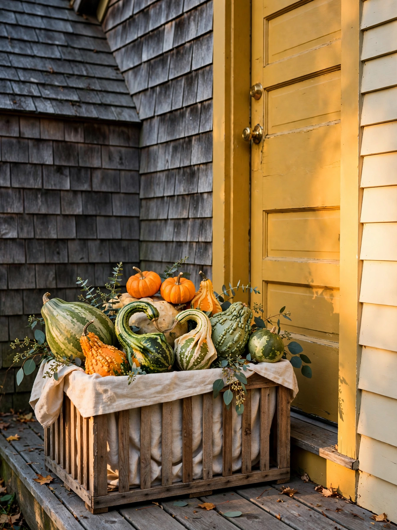 Cedar crate overflowing with gourds and mini pumpkins by a mustard yellow door, a rustic entry from these fall front door decor ideas for autumn 2026.