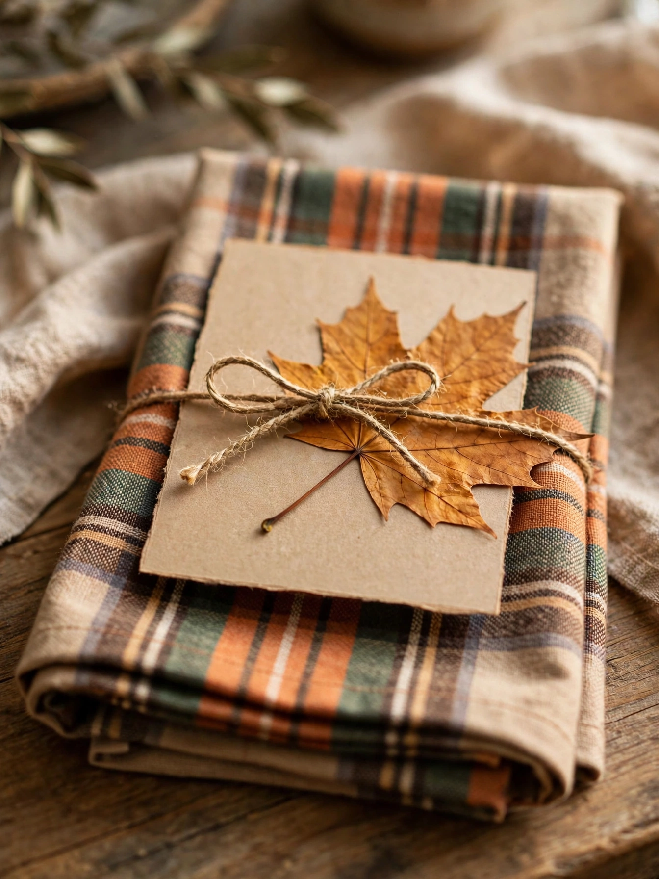 Handwritten kraft place cards tucked into maple leaves at each place setting on a rustic table.