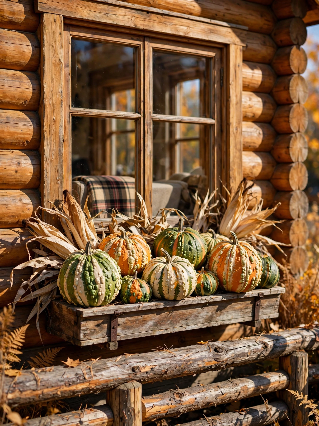 A rustic log cabin window box filled with warty heirloom gourds and dried corn husks, a harvest style fall window boxes for autumn 2026 idea.