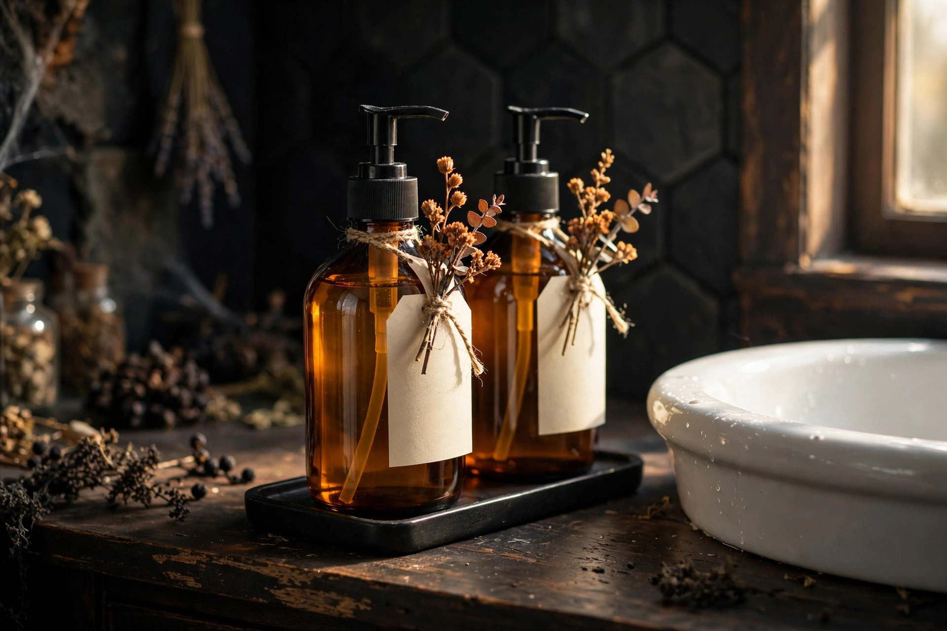 Potion bottle dispensers in a Halloween bathroom