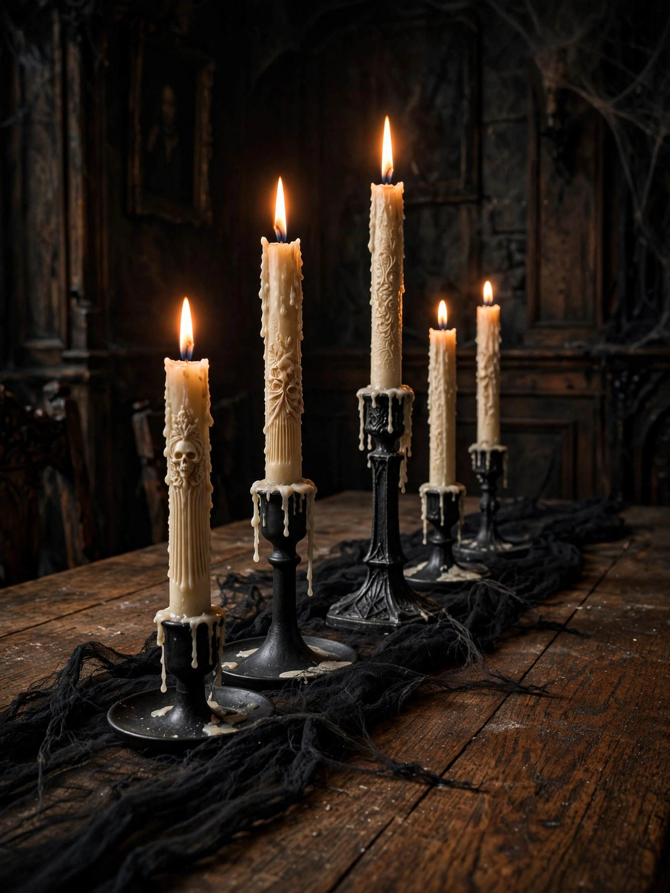 Ivory taper candles with a carved bone texture in matte black holders of varying heights on a dining table