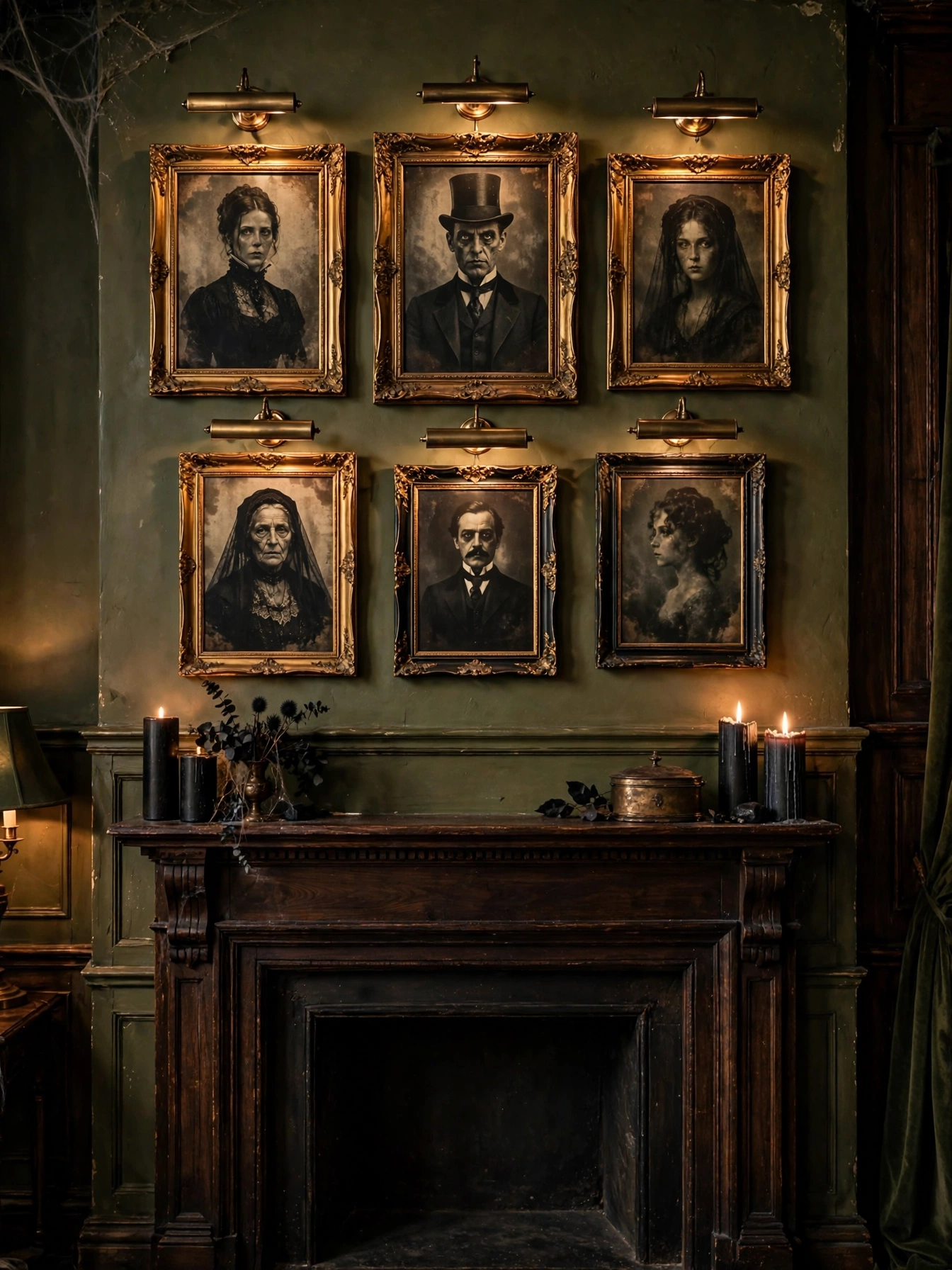 A Halloween mantel wall styled with a gallery of vintage-style portraits in ornate gold and black frames hanging above a d...