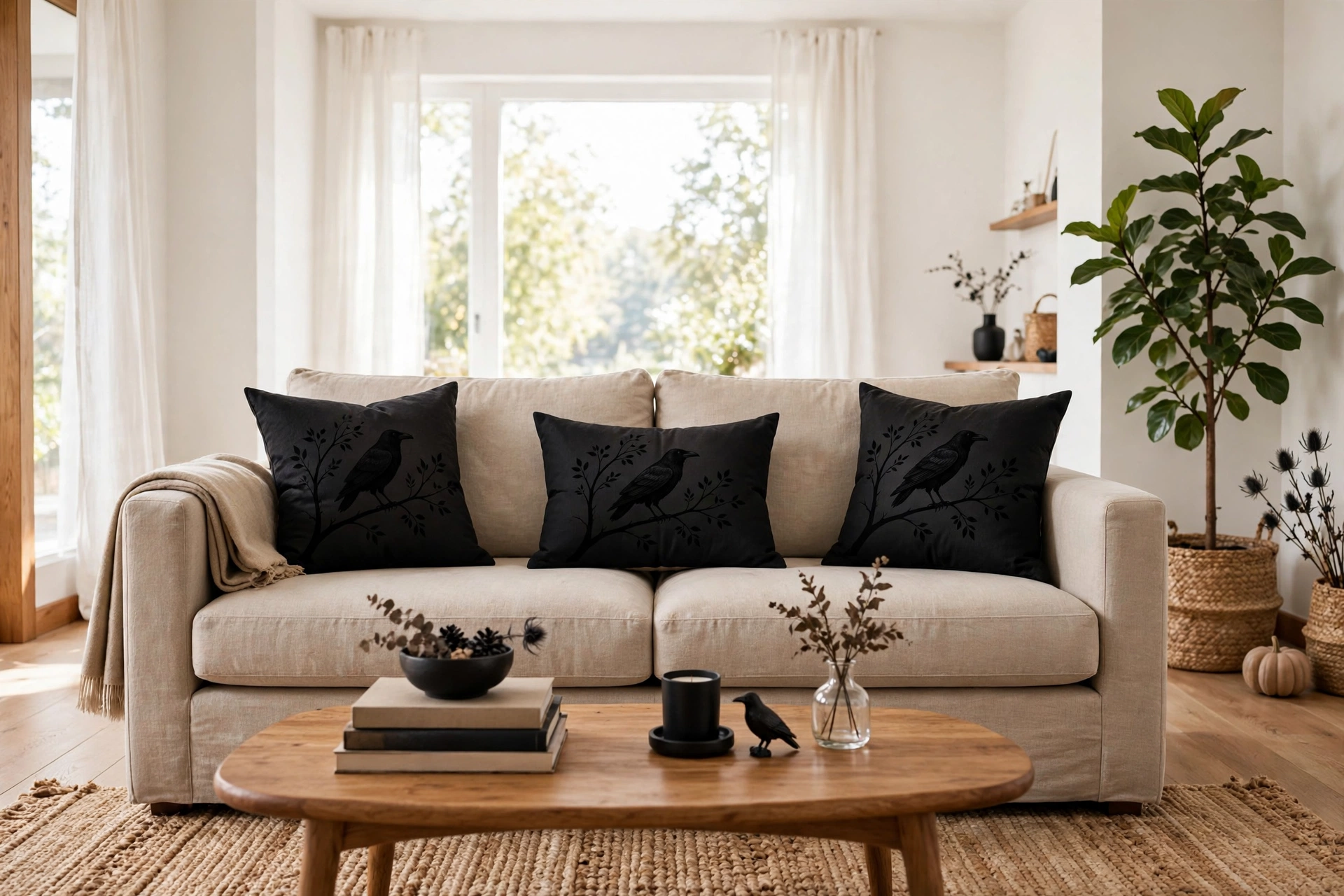 A beige linen sofa styled with black throw pillows printed with raven and branch silhouettes