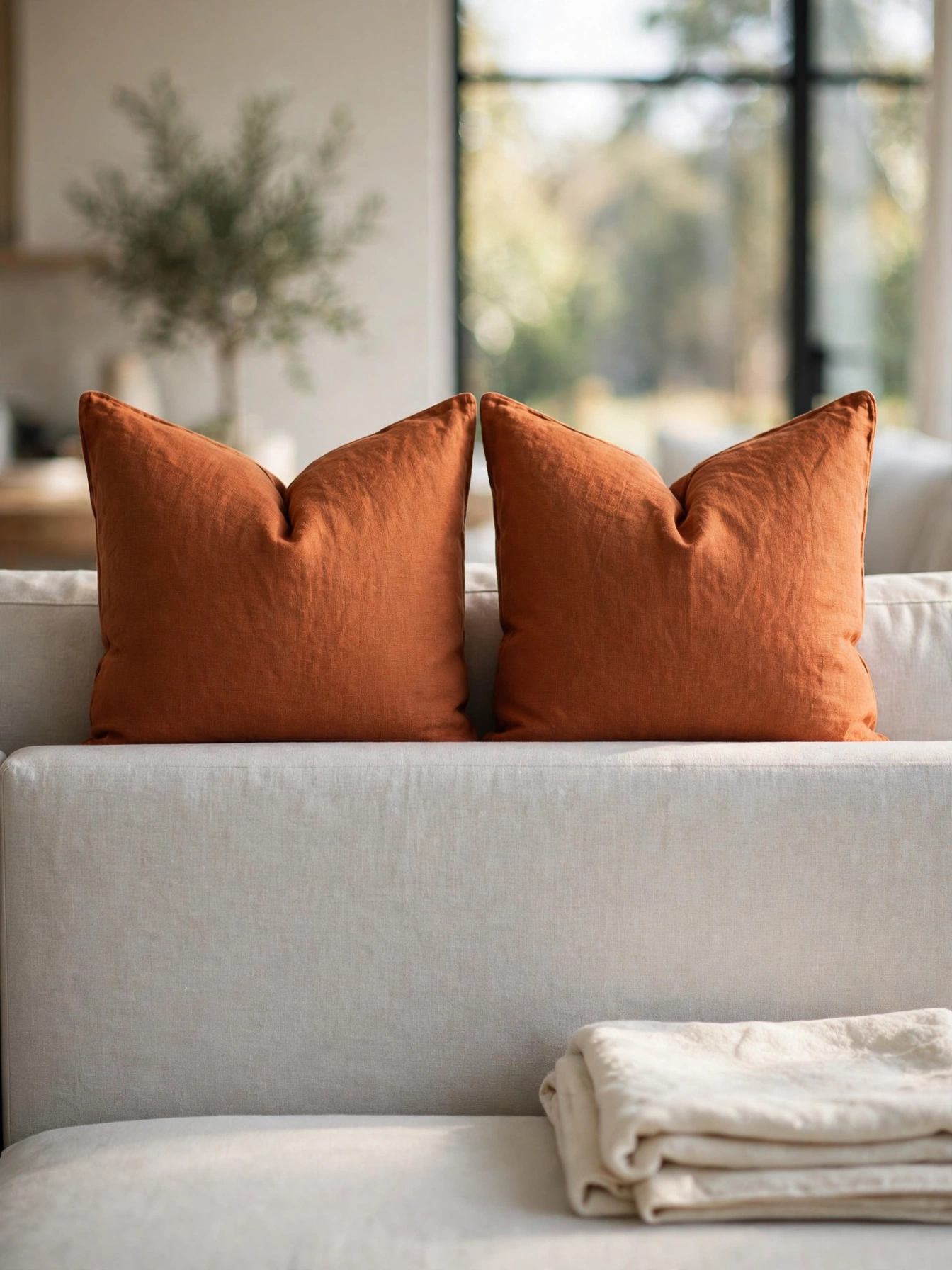 Two rust orange linen pillows with a styled center crease on a gray sofa, a high-impact swap from the simple fall decor ideas for autumn 2026 collection.