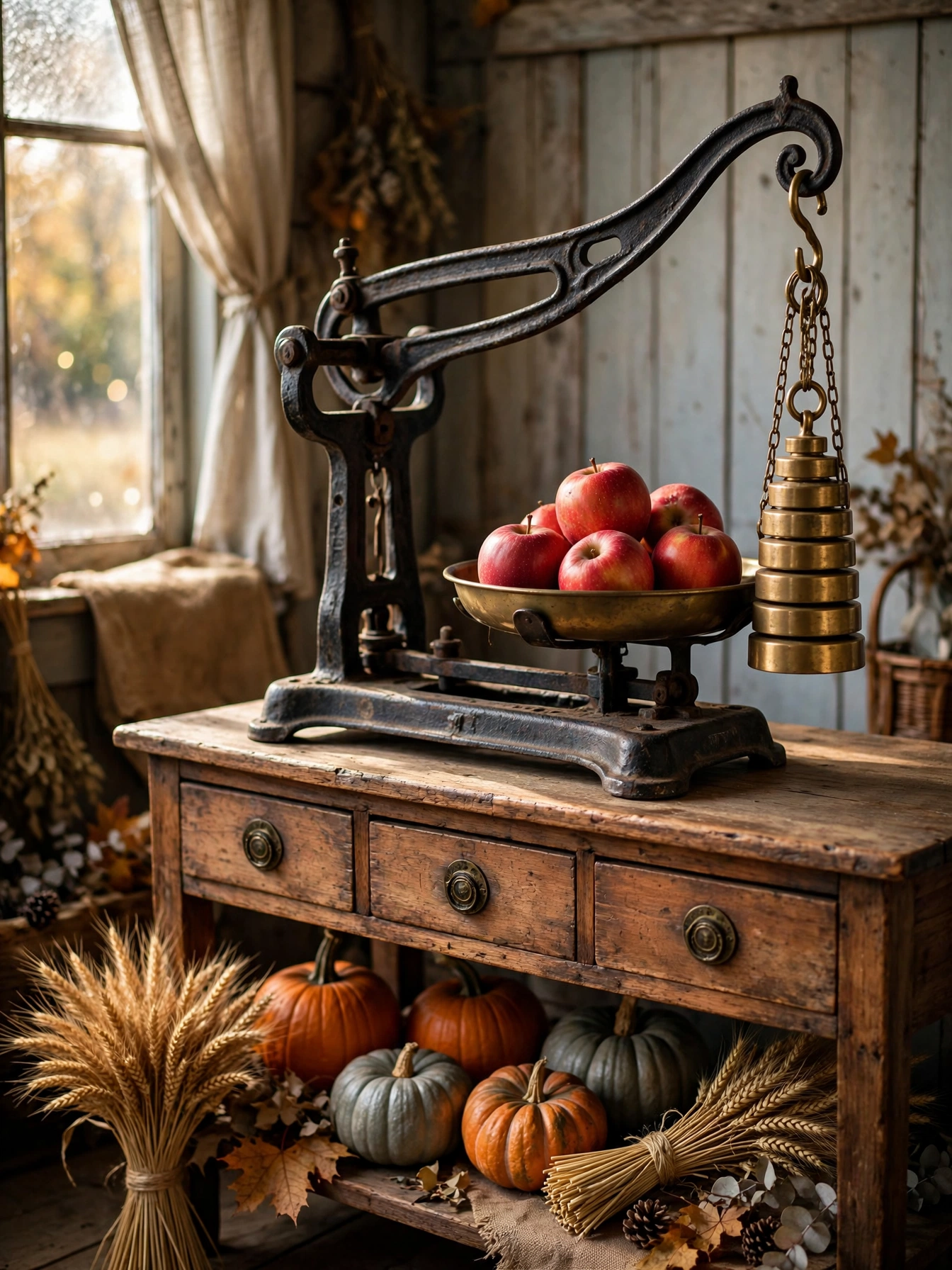 A cast-iron vintage produce scale holding red apples on a sideboard, one of the vintage fall decor ideas for autumn 2026.