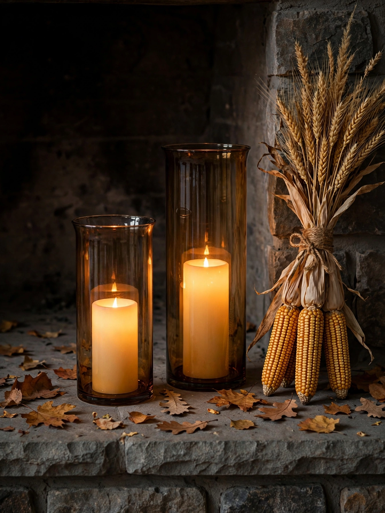 Tall amber glass hurricanes with LED candles and dried corn on a stone hearth, a warm diy fall decor ideas for autumn 2026.