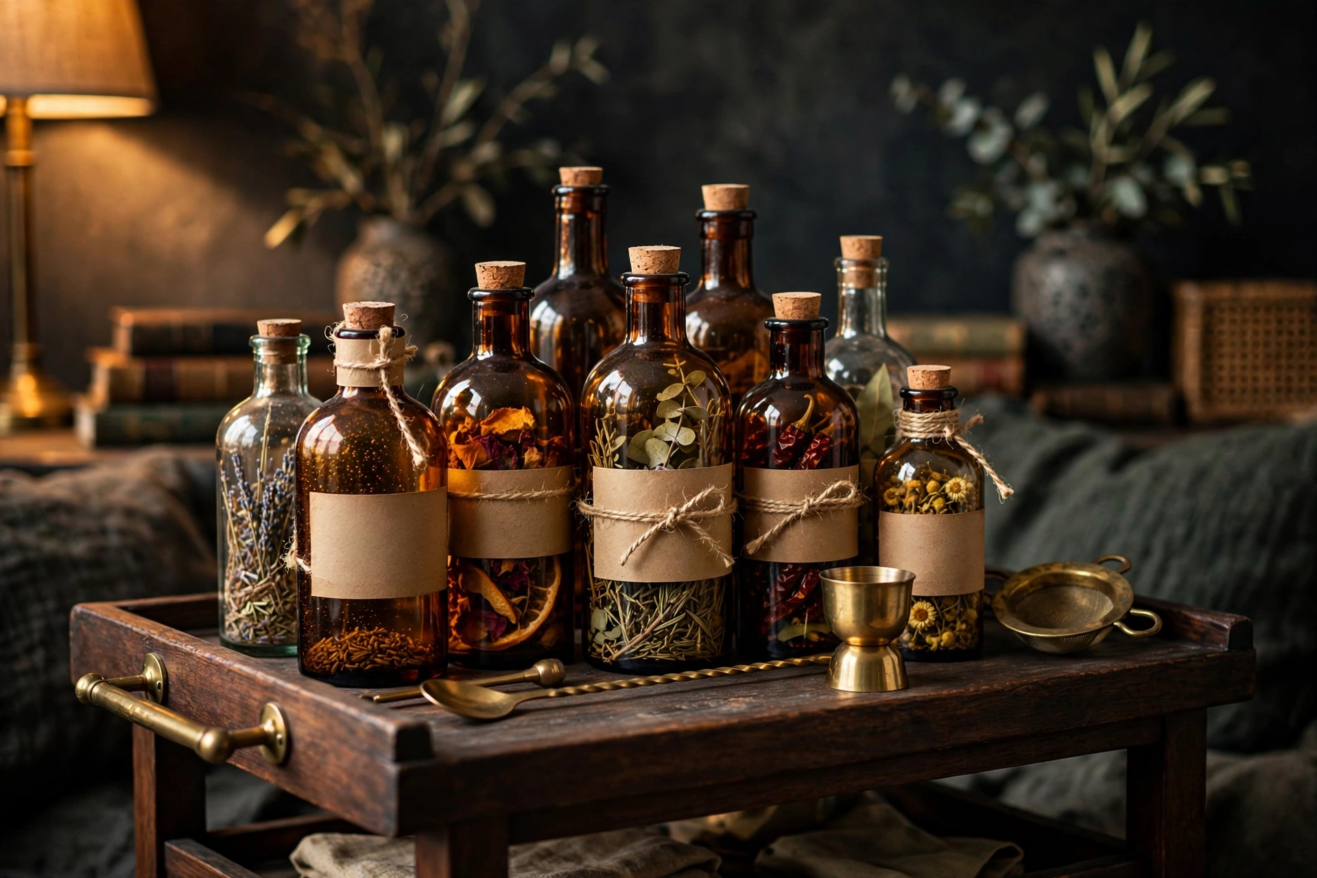 Vintage style glass bottles with handmade Halloween potion labels arranged on a dark wood bar cart