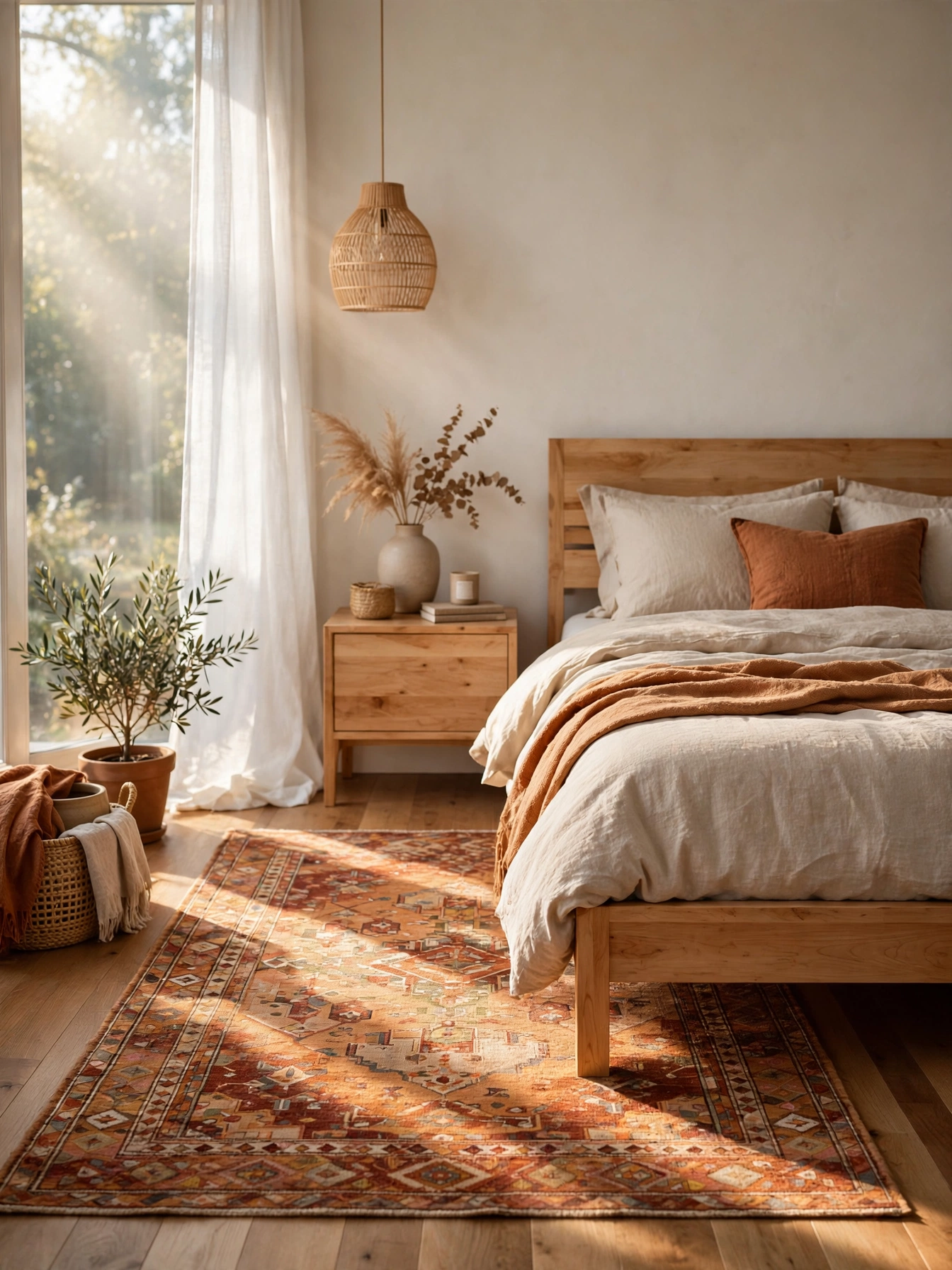 Warm caramel and rust patterned rug beside a maple bed on wood floors with morning light.