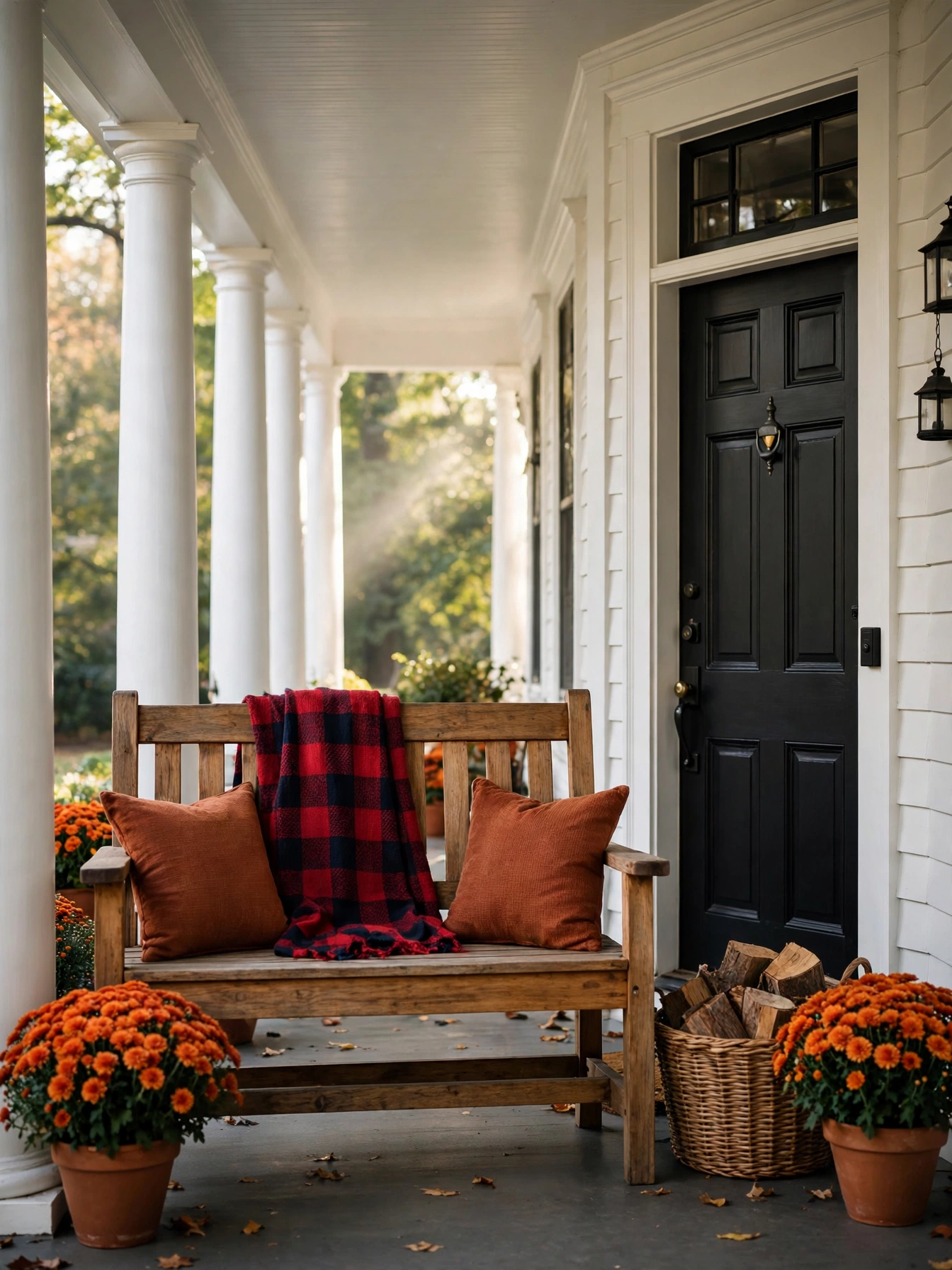 Wooden porch bench draped with a red and navy plaid throw beside a black door, a cozy seating idea among fall front door decor ideas for autumn 2026.