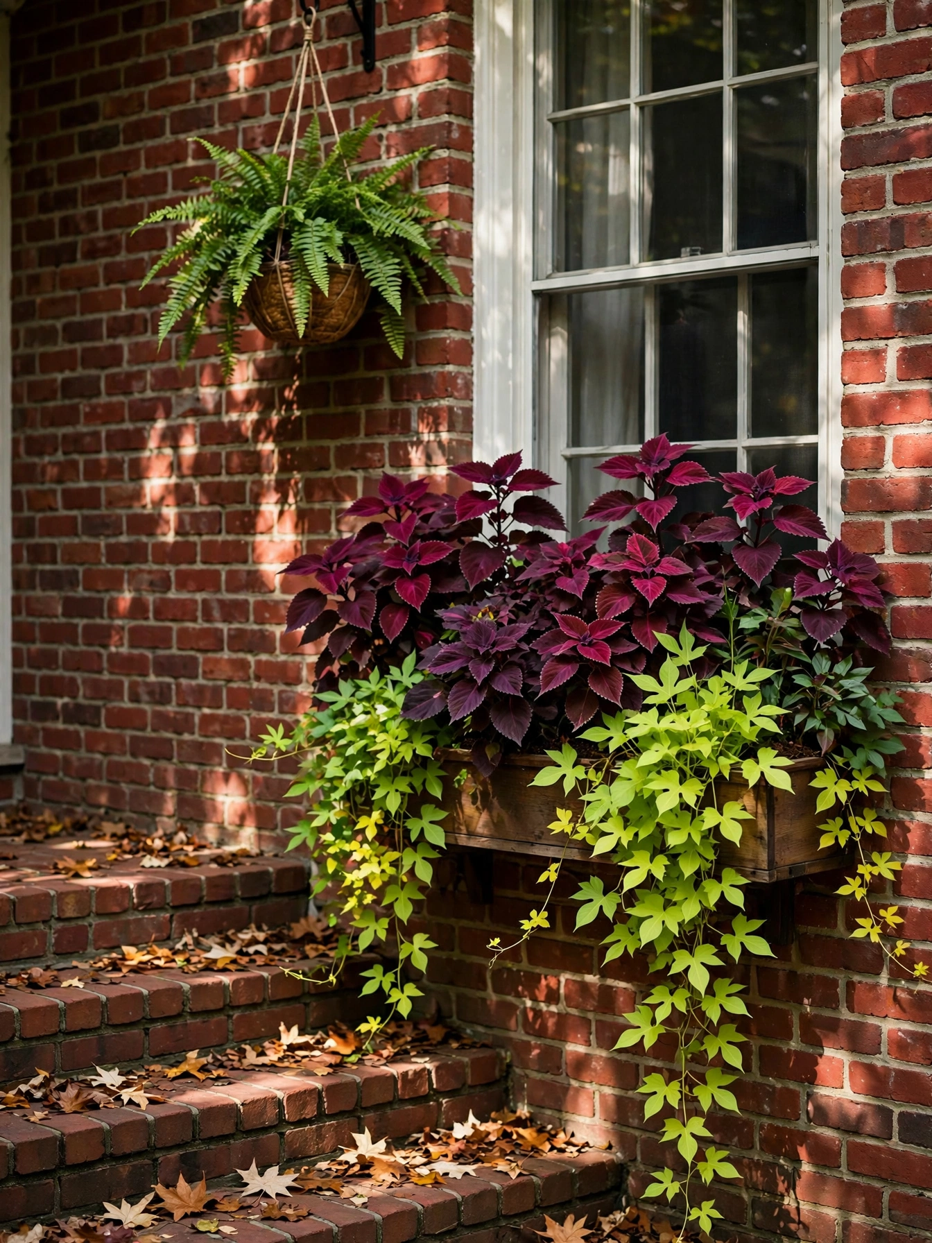 A window box of burgundy coleus and chartreuse sweet potato vine on a shaded brick porch, included in the fall window boxes for autumn 2026 guide.