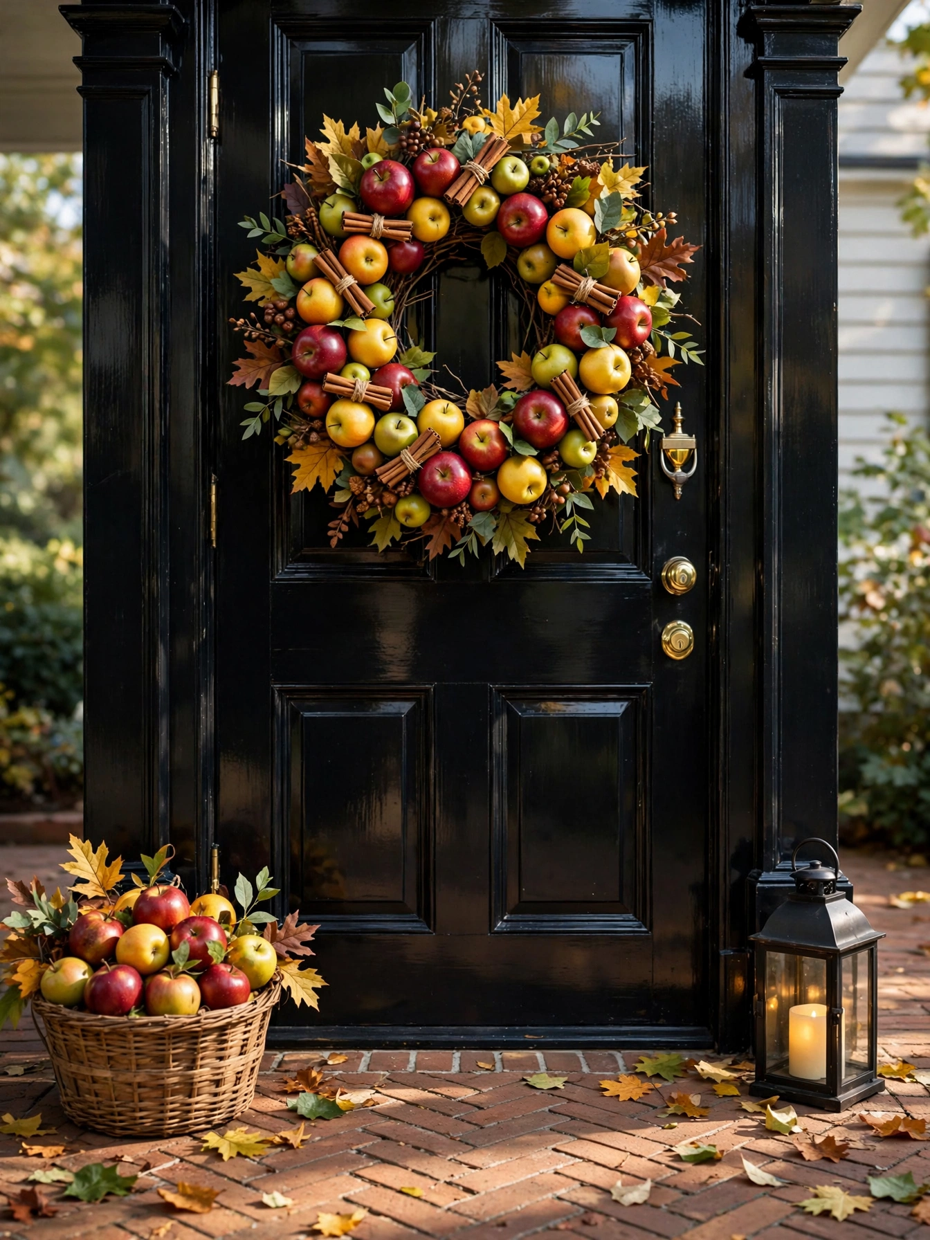 Faux heirloom apples, cinnamon bundles and autumn leaves on a round base, a nostalgic entry among fall wreath ideas for autumn 2026, on a glossy black door.