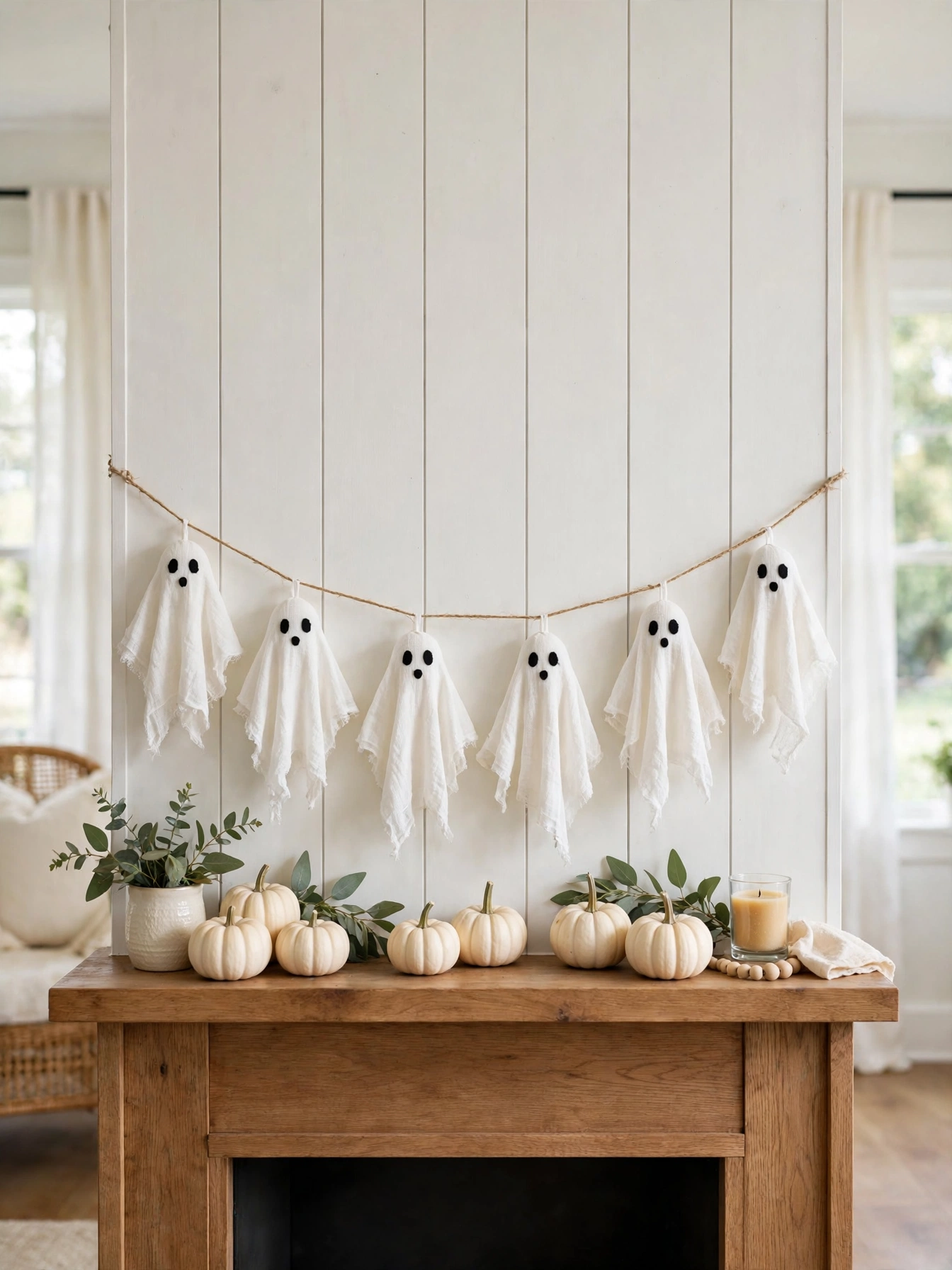 A whimsical Halloween mantel draped with a handmade cheesecloth ghost garland, small white fabric ghosts with black felt e...