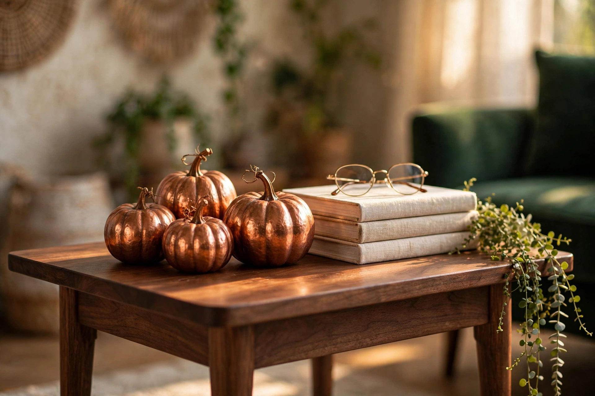 A cluster of small copper metallic pumpkins arranged on a living room side table next to a stack of books