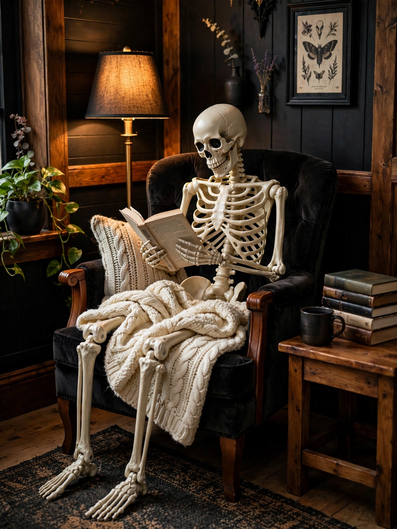 08 halloween room decor ideas 2026 skeleton reading corner
