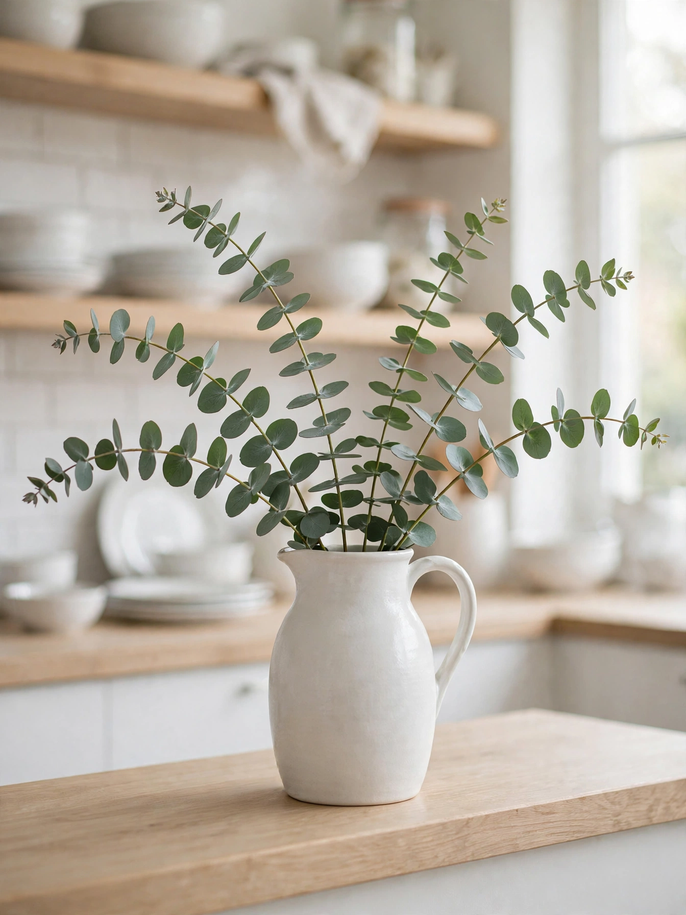 Silver dollar eucalyptus stems arched in a white ceramic pitcher on a kitchen shelf, a green accent from these simple fall decor ideas for autumn 2026.