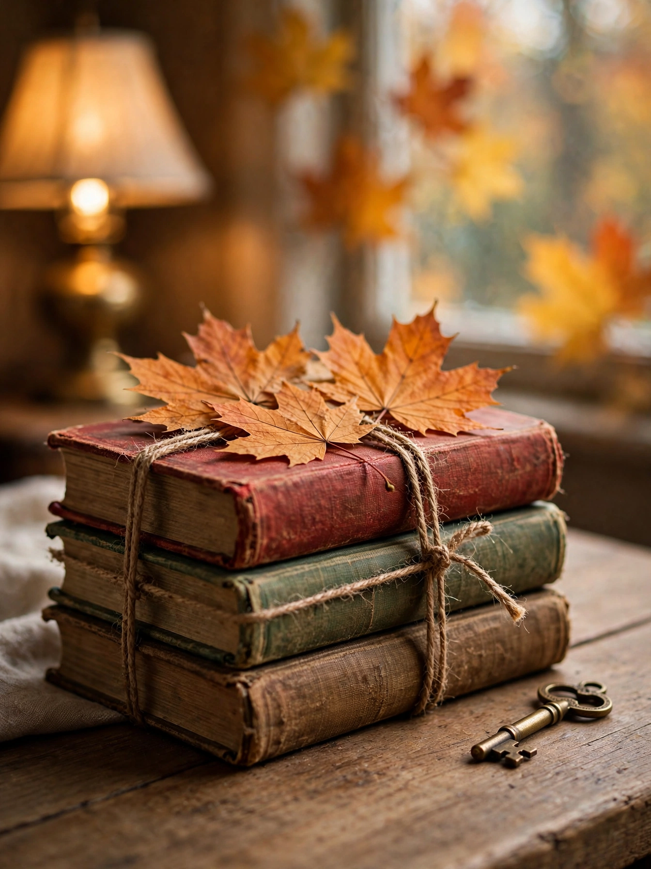 Old cloth-bound books tied with twine topped with pressed maple leaves, one of the vintage fall decor ideas for autumn 2026.