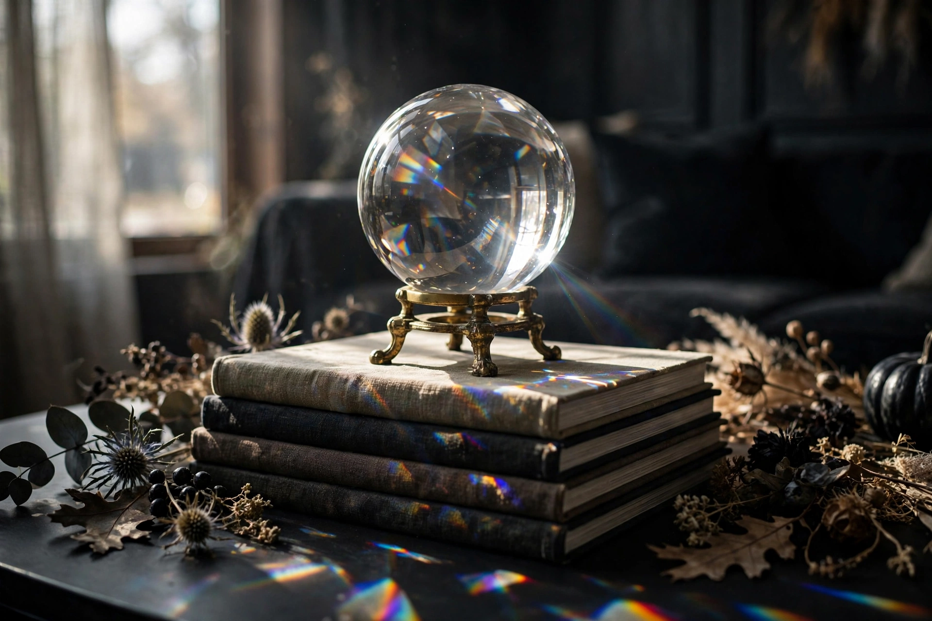 Crystal ball centerpiece on a dark table runner, elegant Halloween decor idea